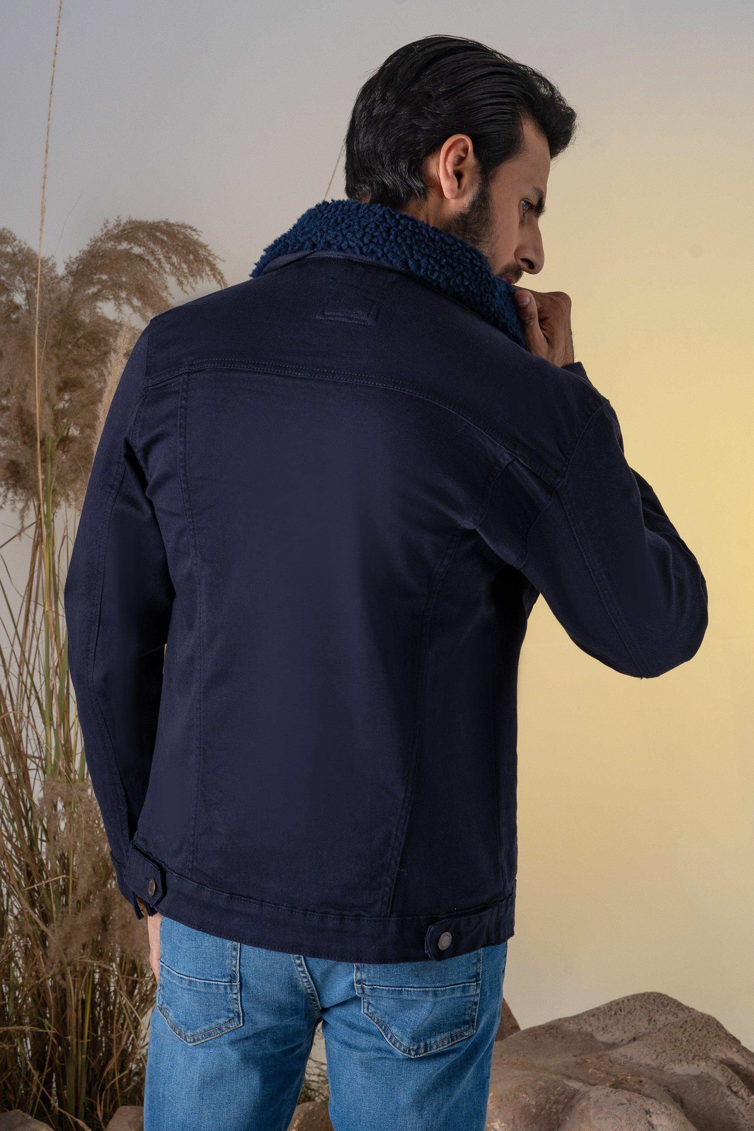 TWILL FUR COLLAR JACKET NAVY at Charcoal Clothing