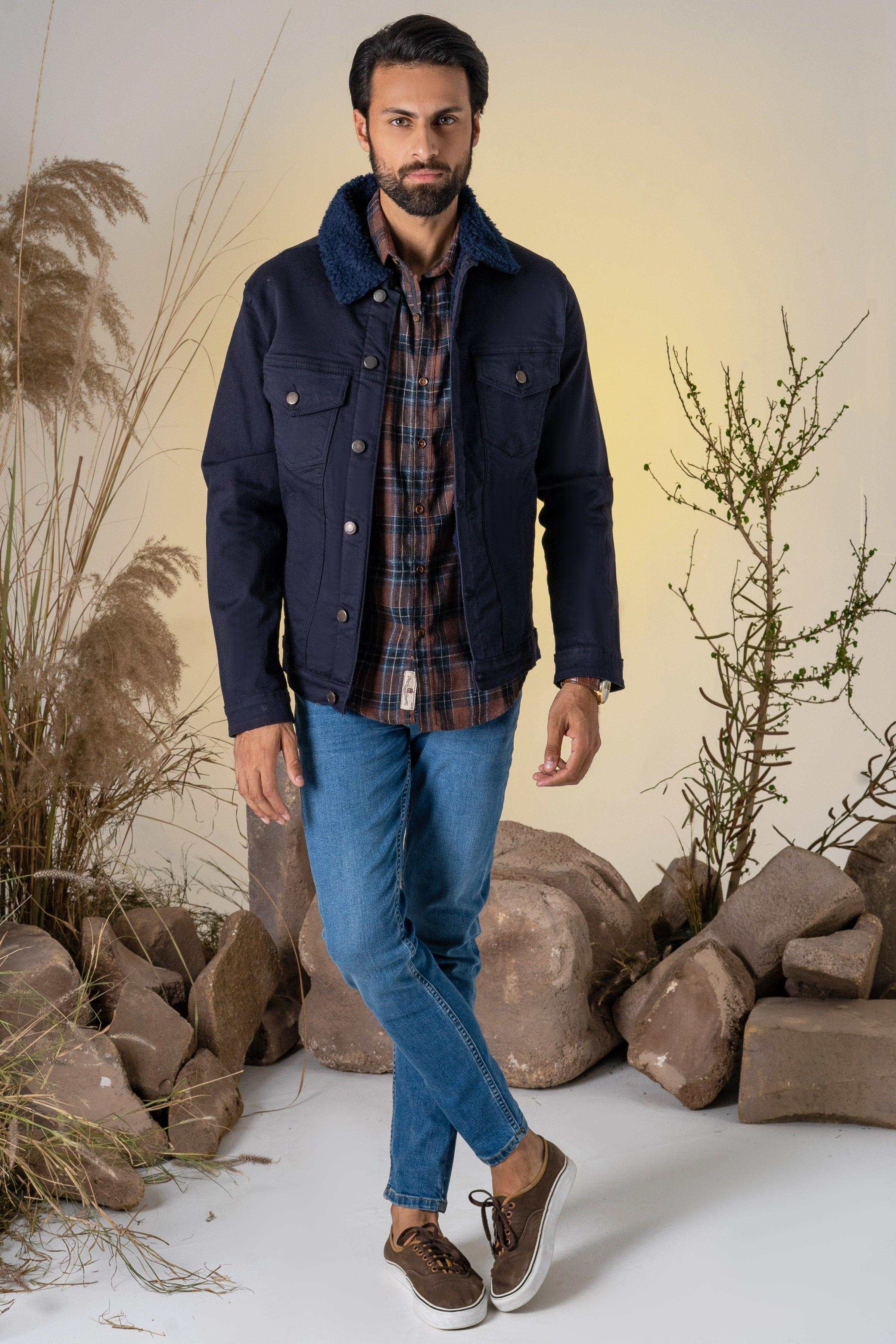 TWILL FUR COLLAR JACKET NAVY at Charcoal Clothing