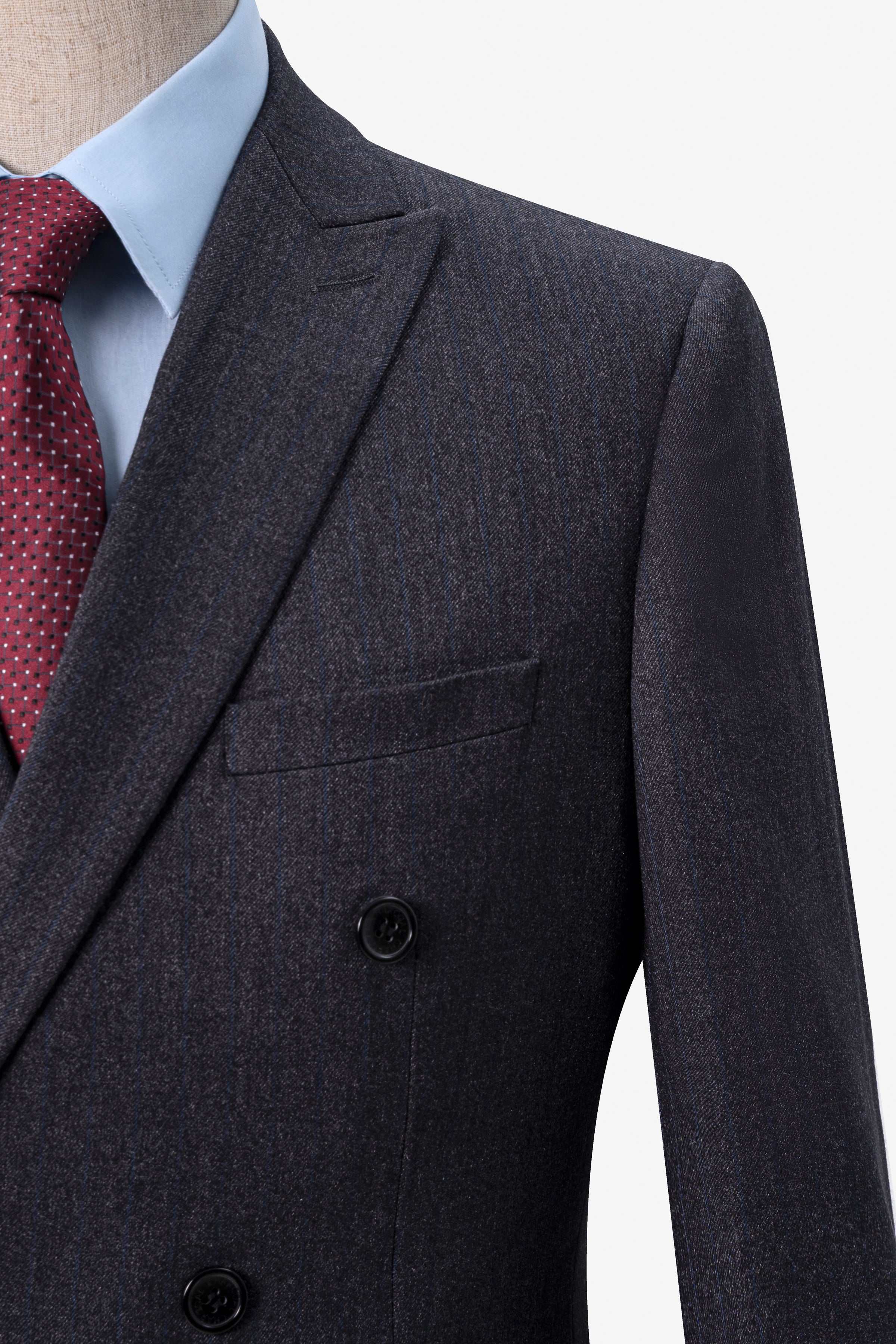 Charcoal suit jacket with chest pocket and textured fabric near lapel