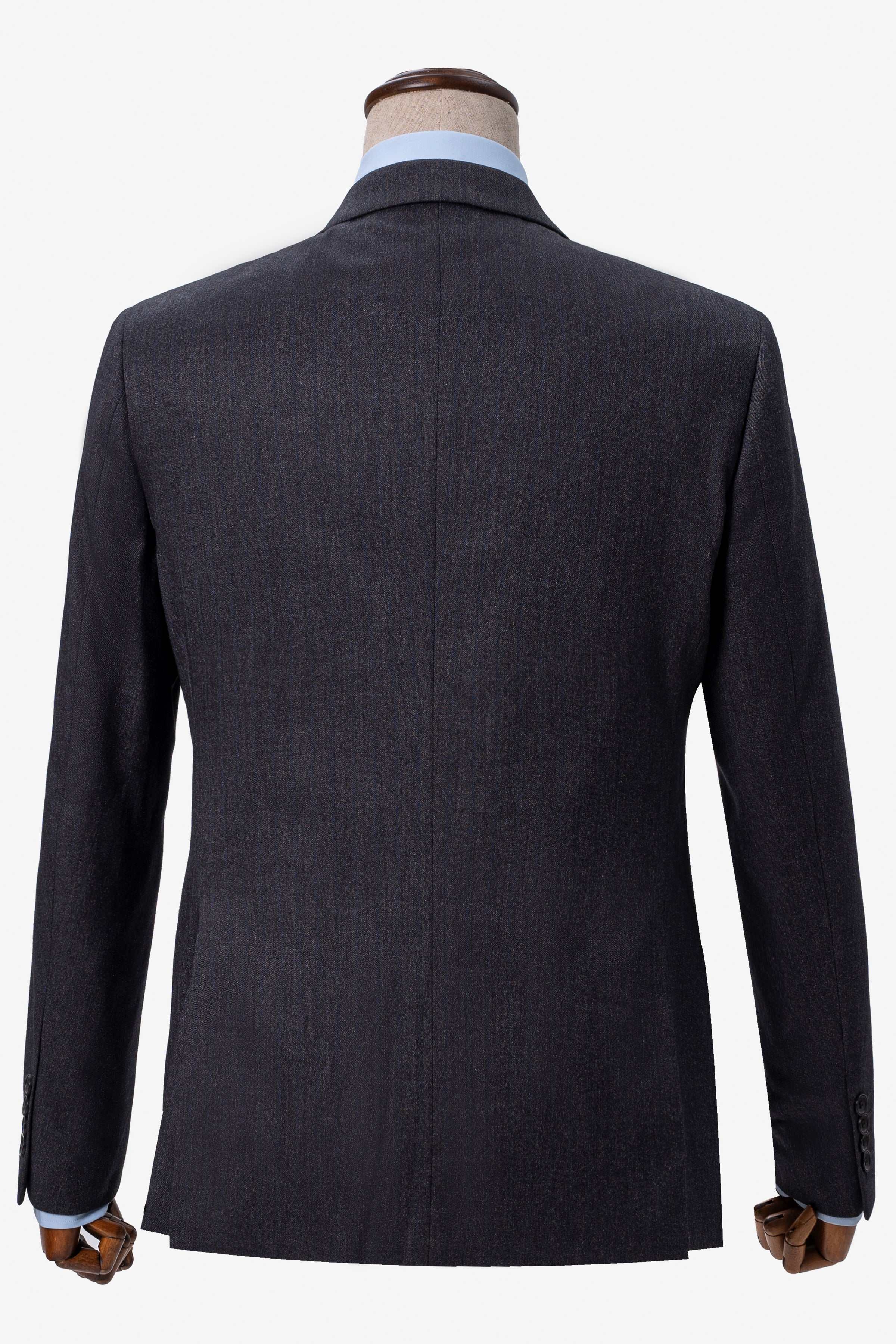 Charcoal double-breasted suit jacket back view with center seam and cuffs