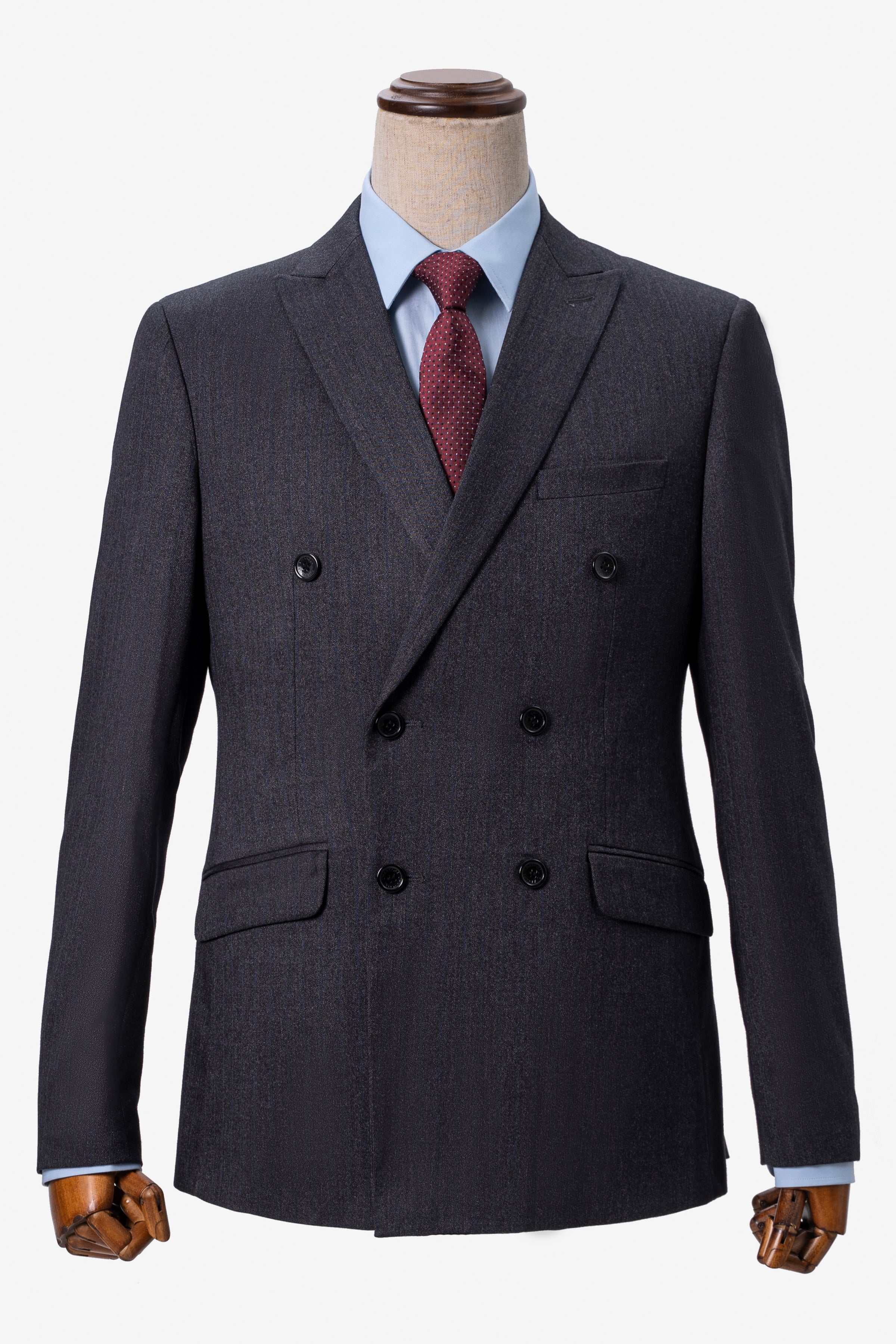 Charcoal double-breasted suit jacket with notched lapels and four-button front
