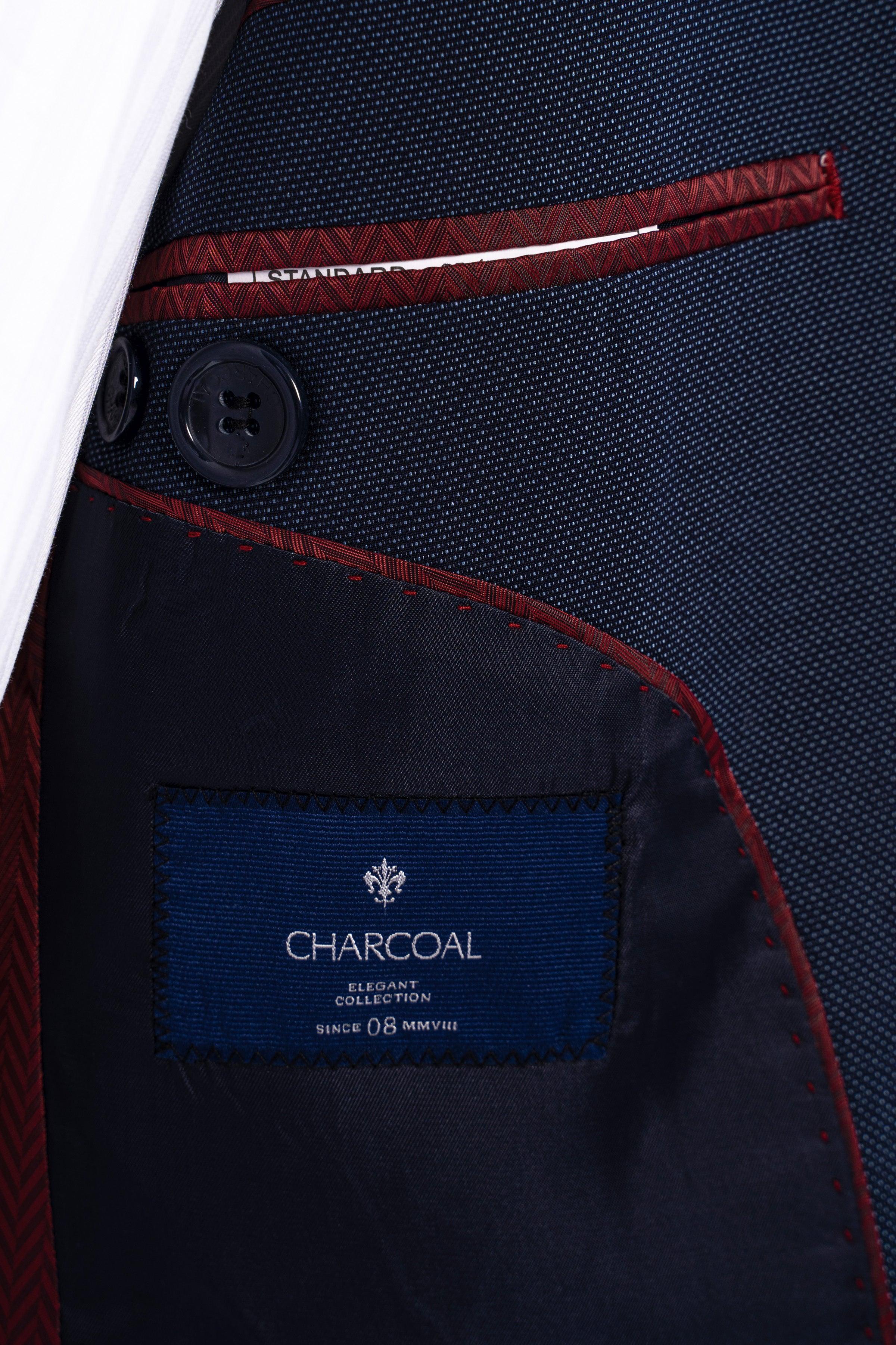 Interior pocket label reads CHARCOAL on suit jacket with maroon trim