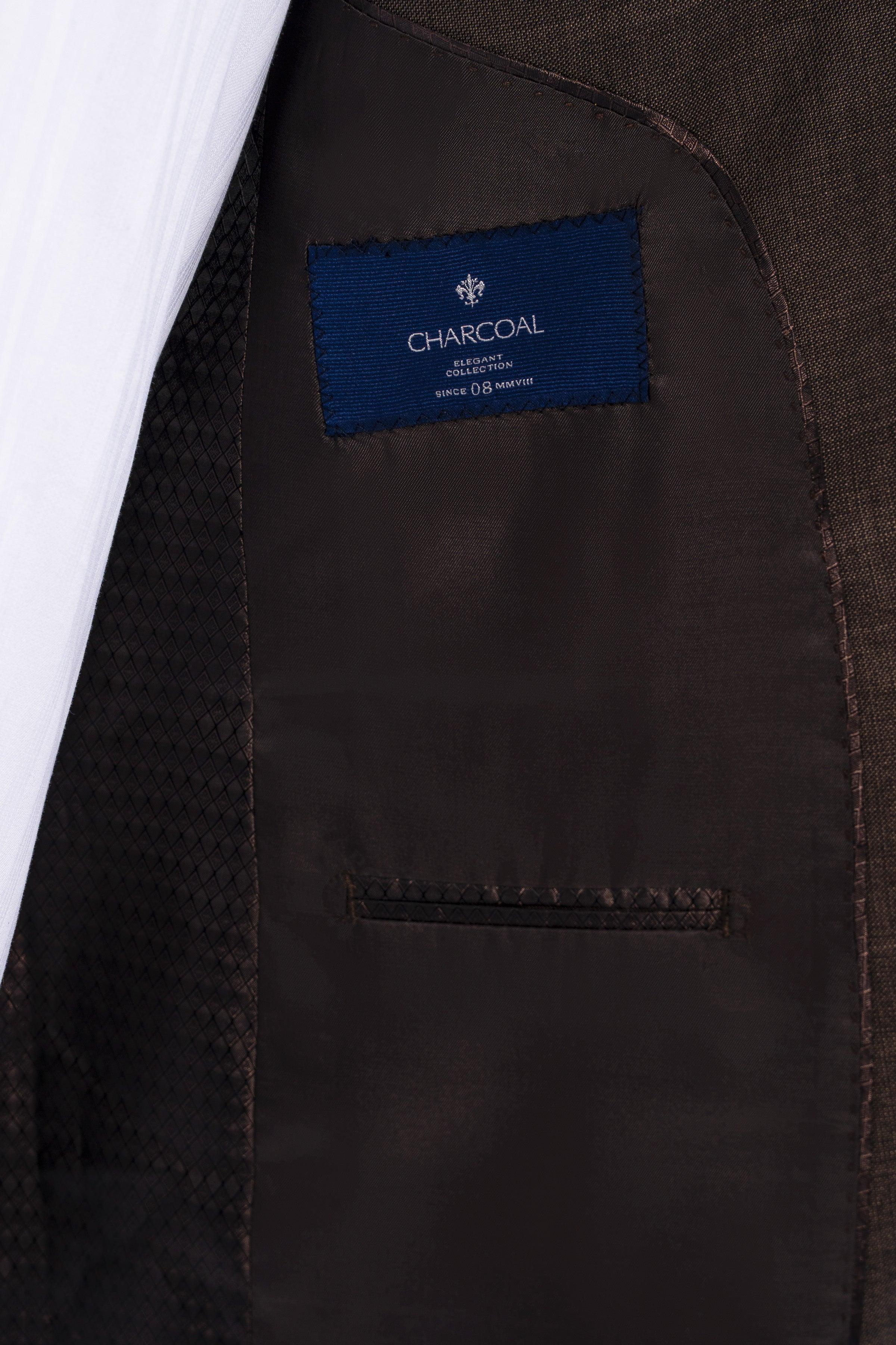 Inner pocket label of slim-fit suit jacket with dark lining
