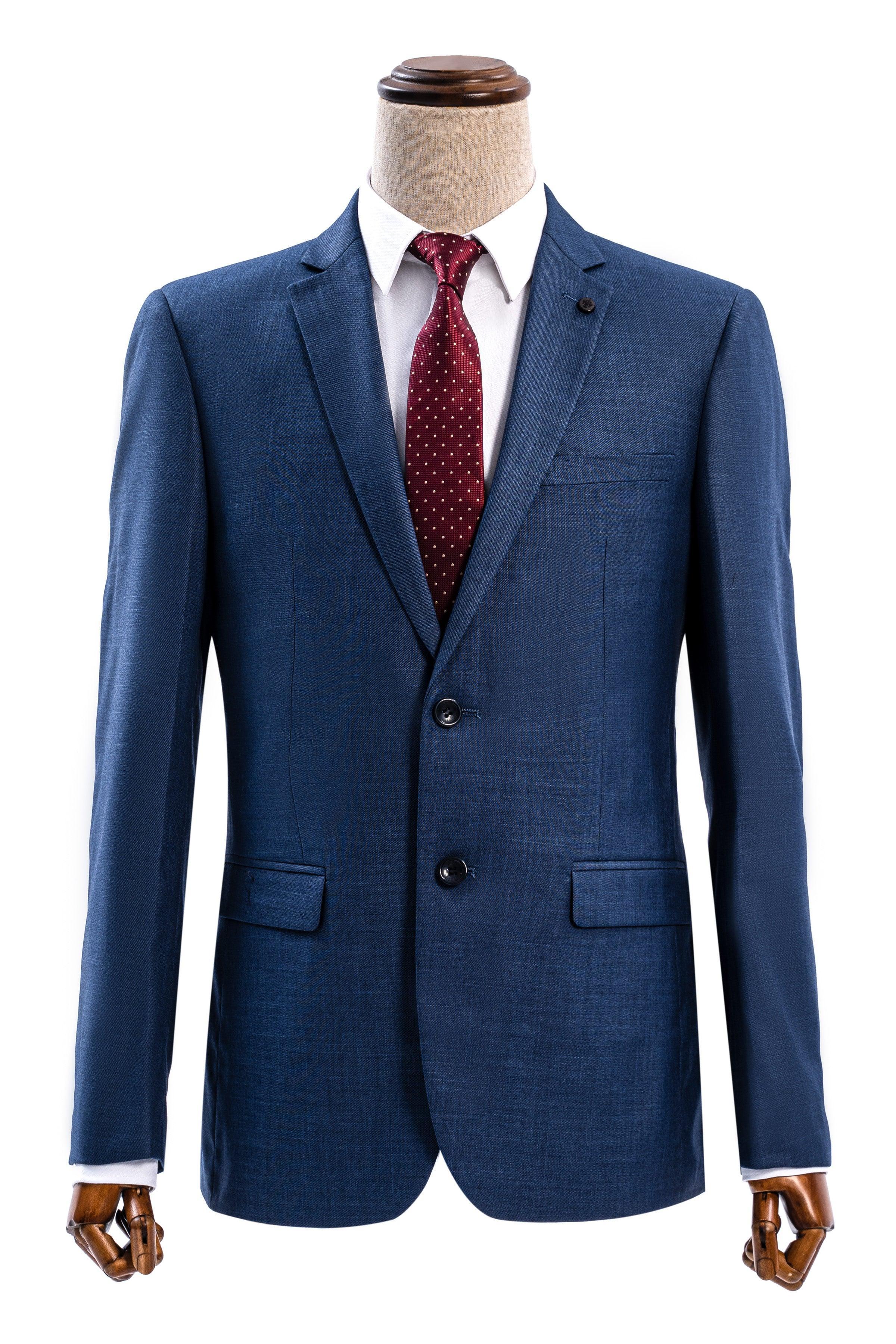 Blue slim-fit suit jacket with notched lapels, button front, and welt pockets