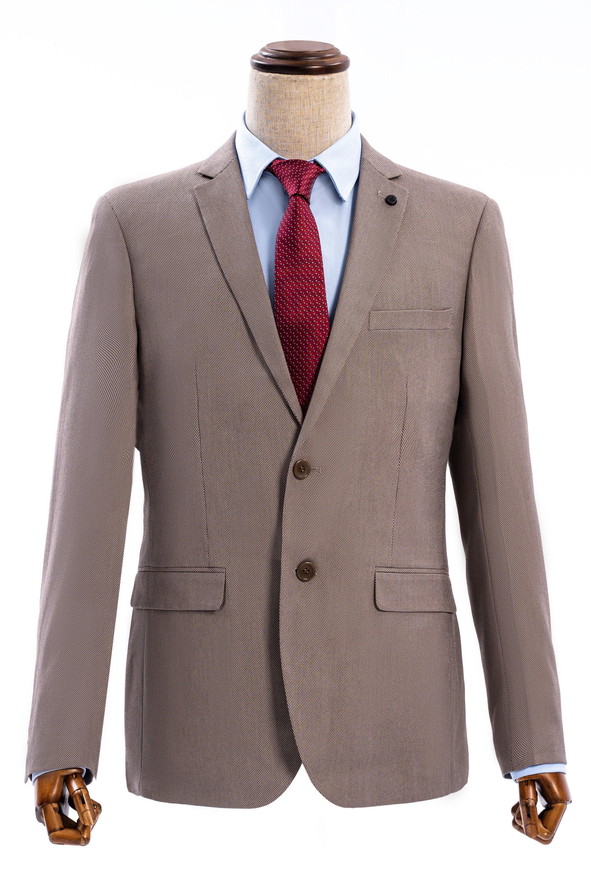 Taupe slim-fit suit jacket with notched lapels, two-button front, and chest pockets