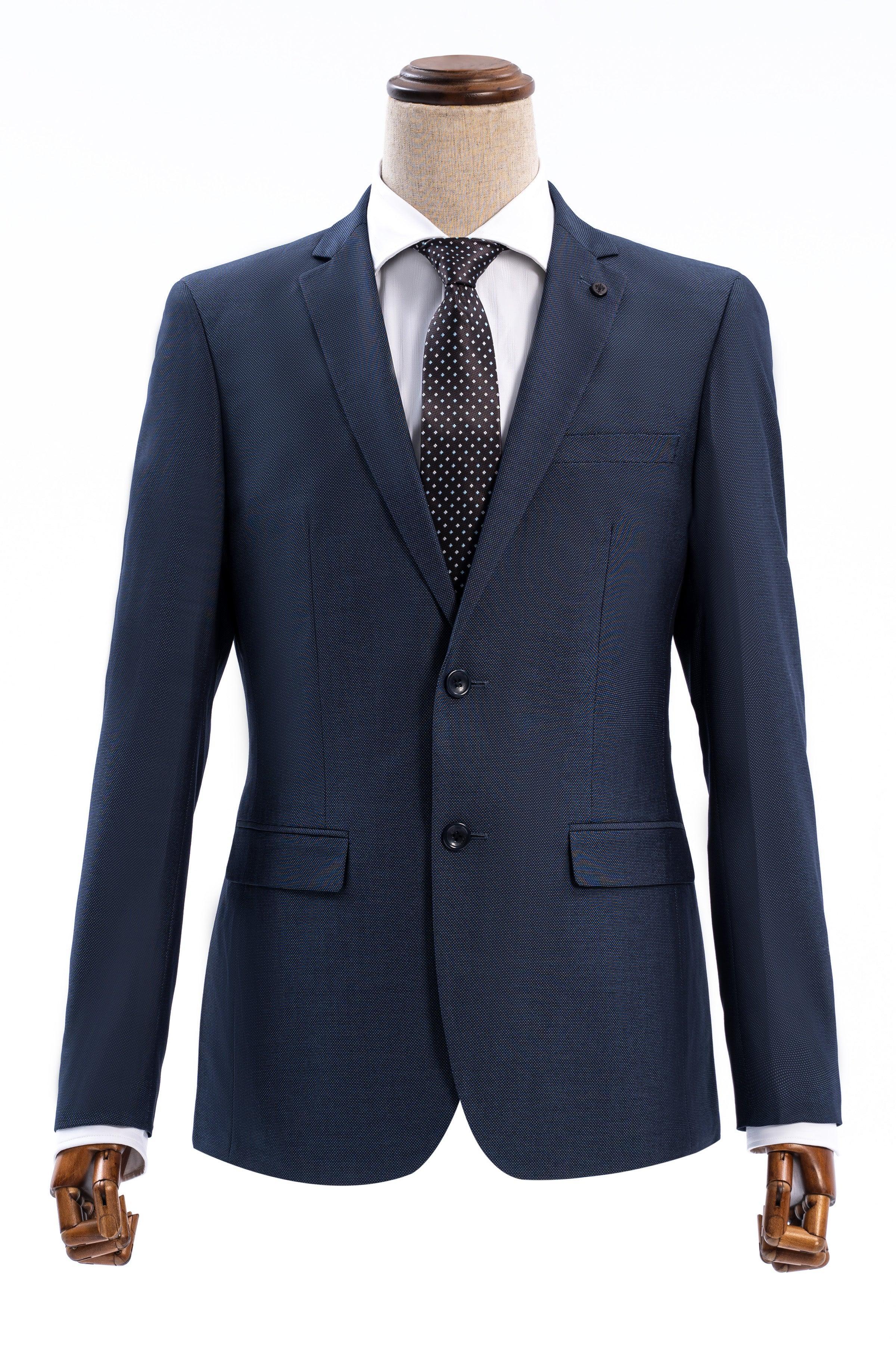 Blue slim-fit suit jacket with notched lapels and two-button front