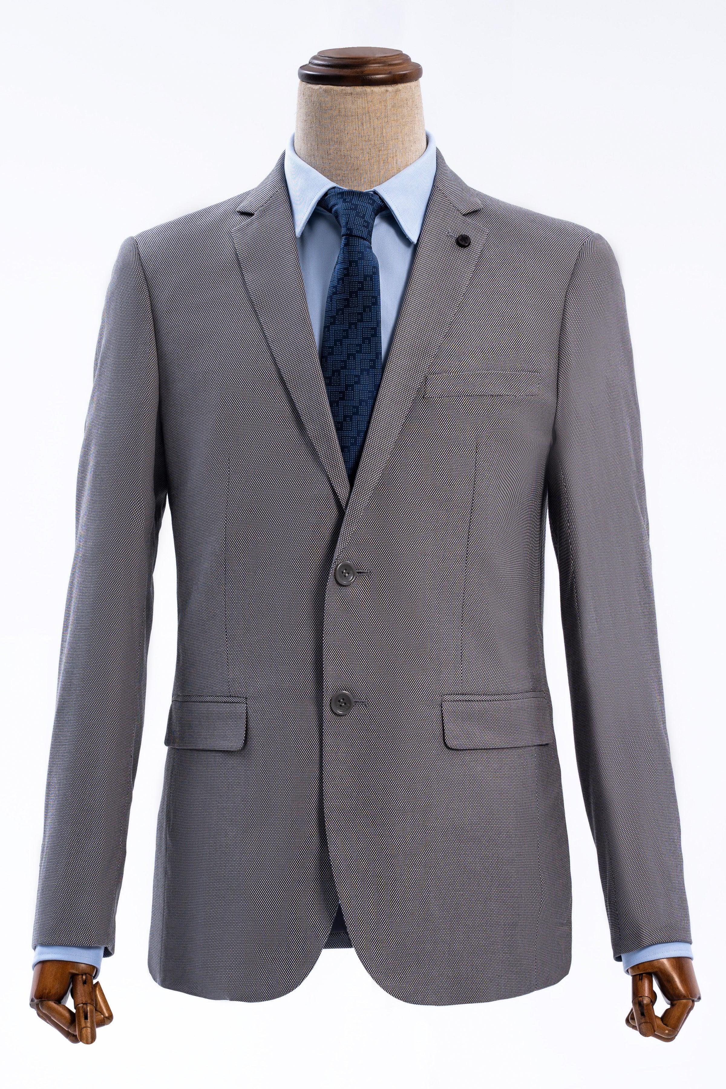 Slim-fit suit jacket in medium gray with two-button front and notch lapels