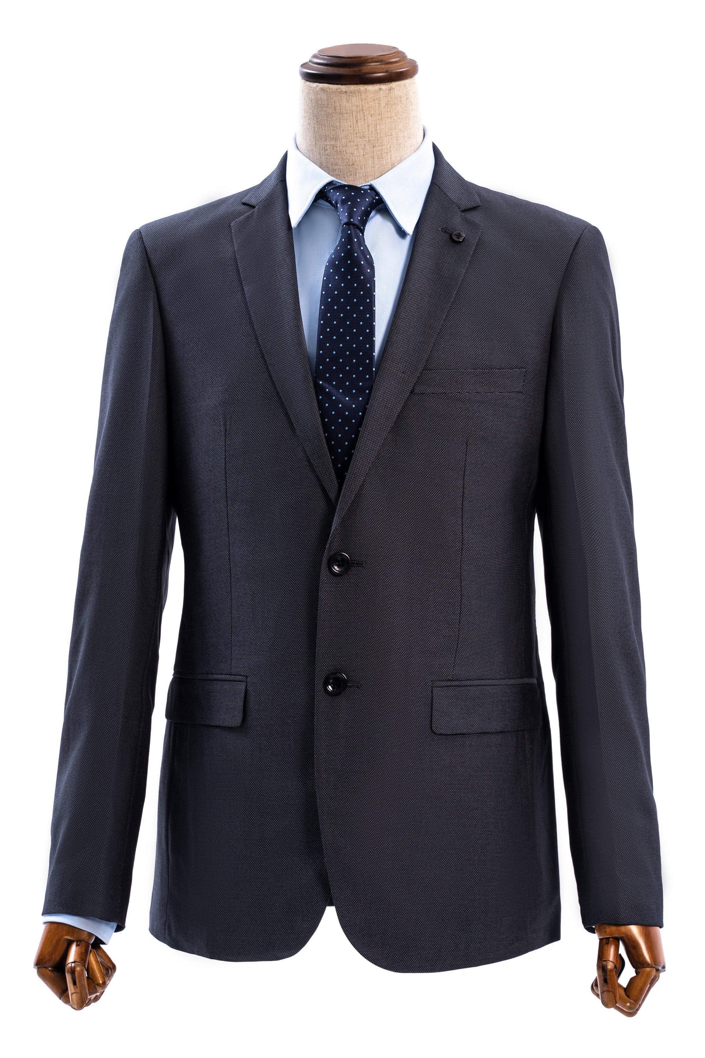 Slim fit suit jacket with notch lapels and two-button front, dark fabric