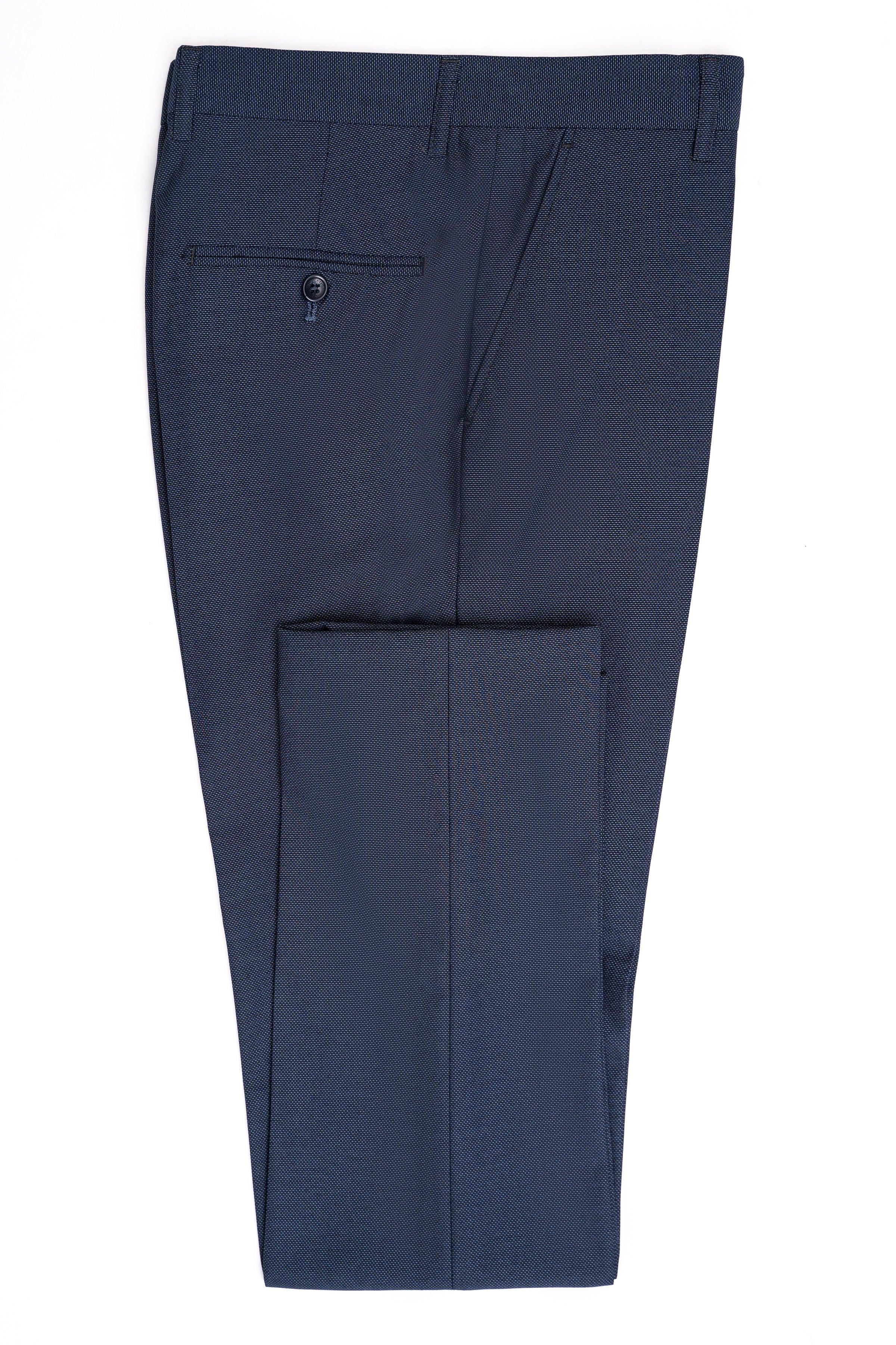 Dark blue slim-fit suit trousers with front pleats and side pockets