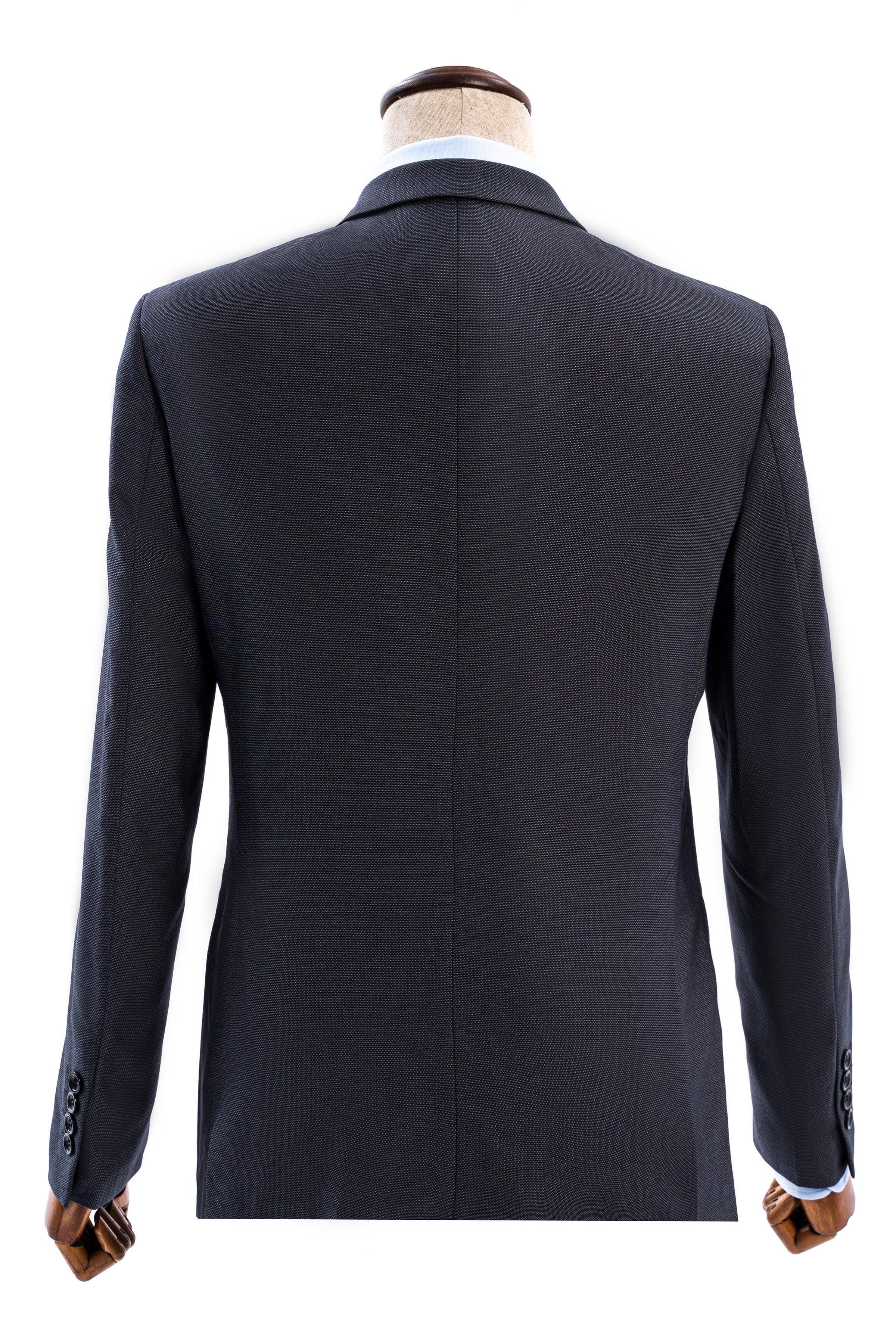 Slim fit suit jacket back view with center seam and dark fabric