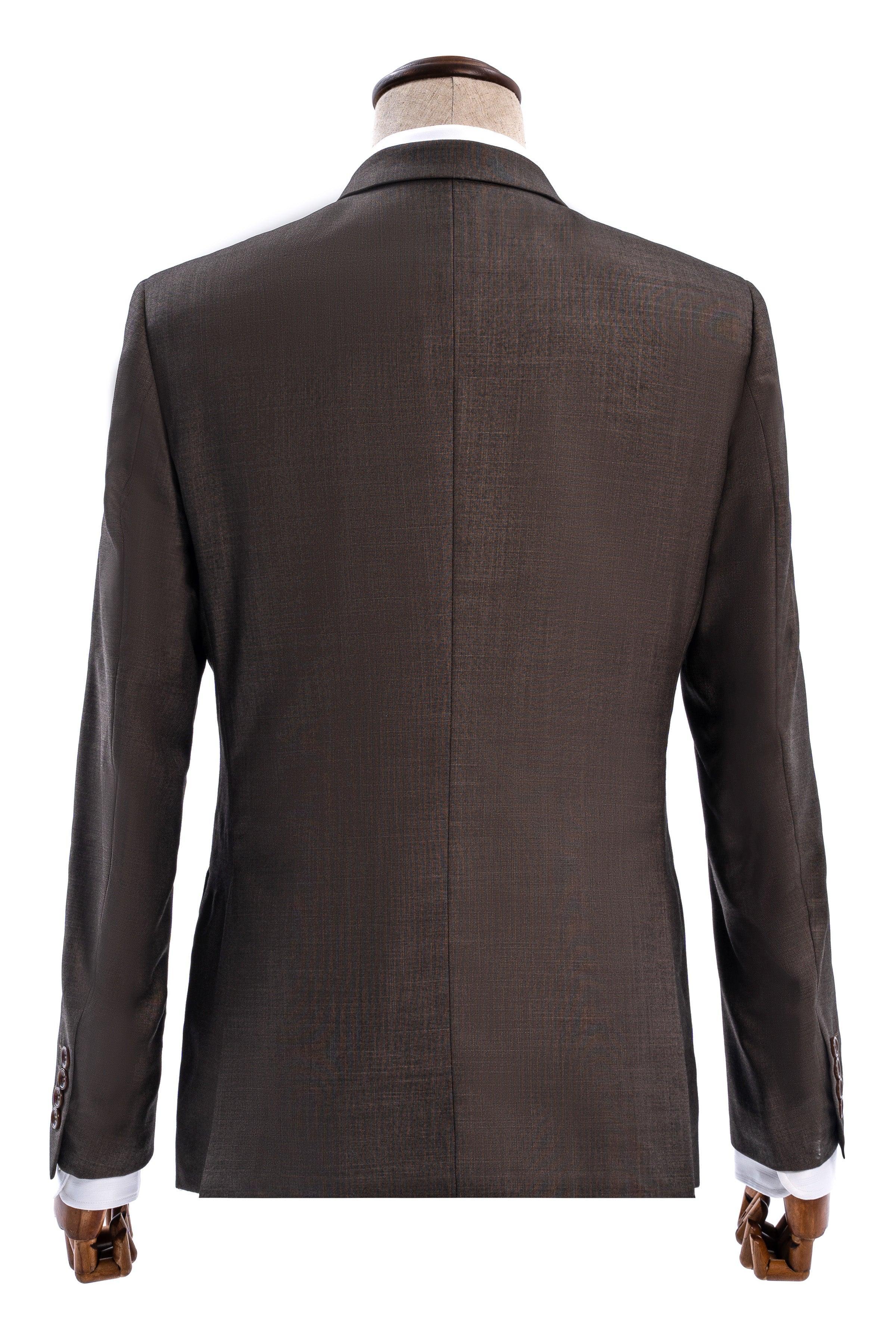 Back view of slim-fit suit jacket in dark olive with center seam and padded shoulders