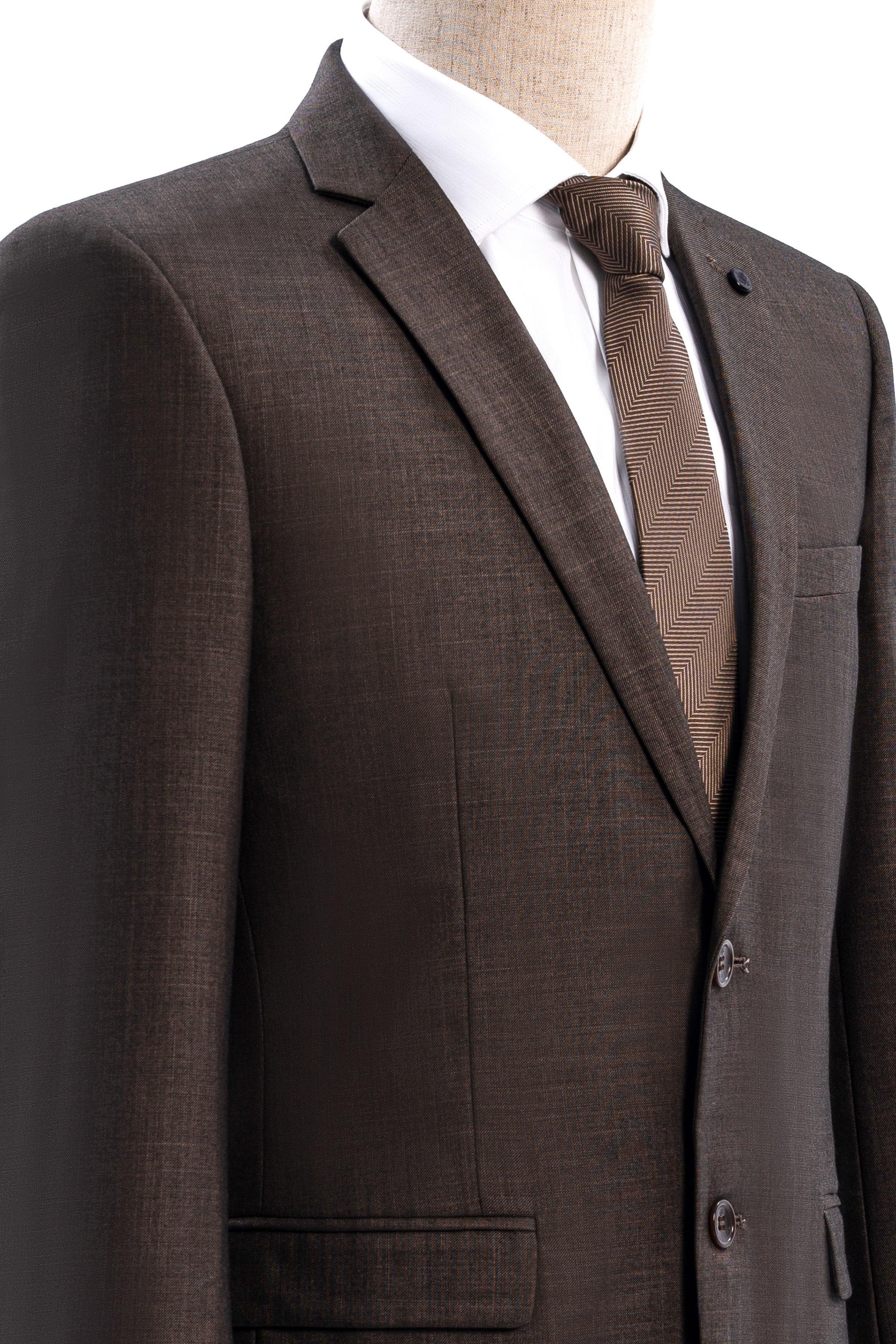 Slim-fit suit jacket with tie and white shirt collar, dark olive color