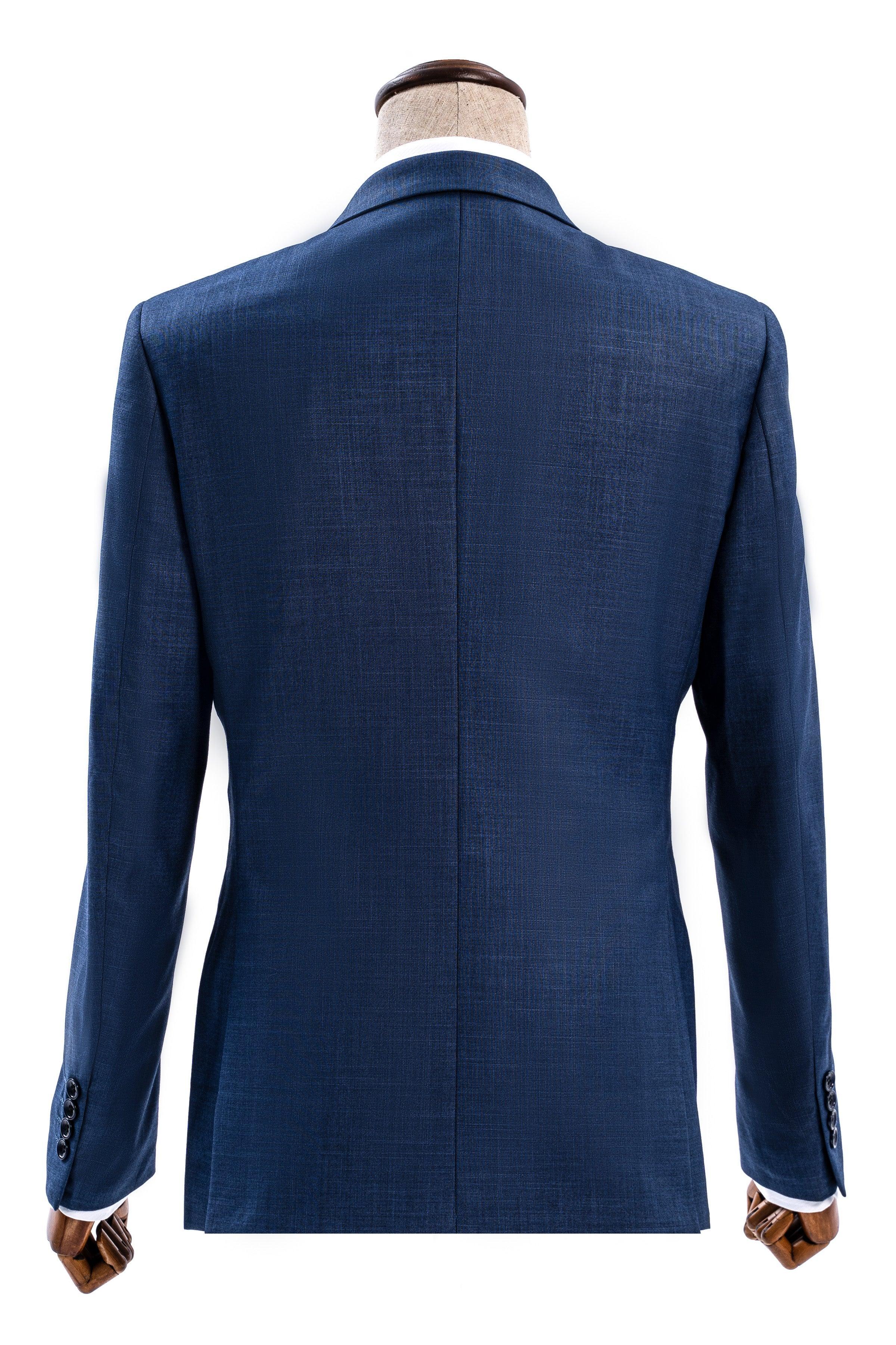 Blue slim-fit suit jacket back with center seam and vented hem