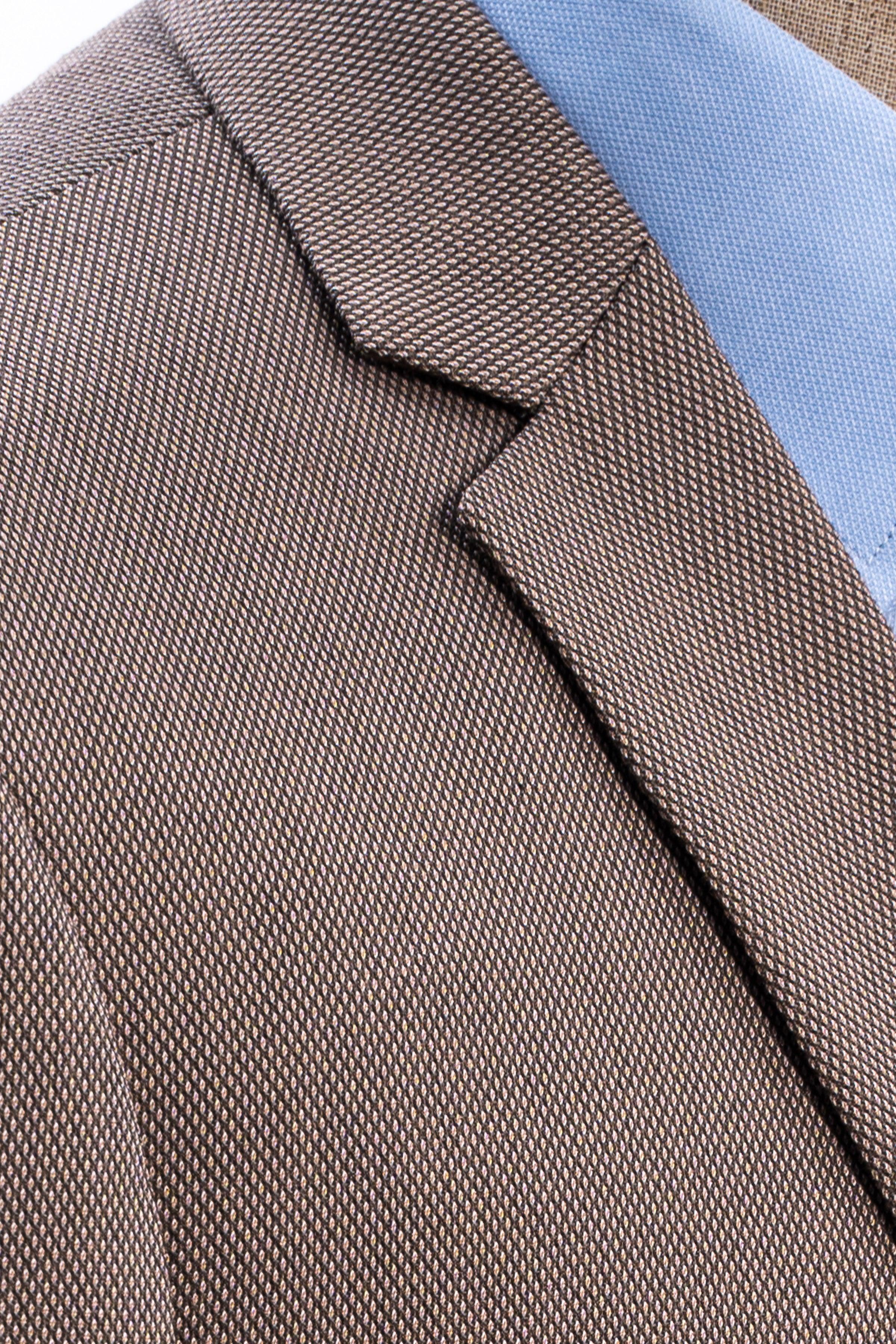 Taupe suit jacket lapel and front edge with fine textured weave