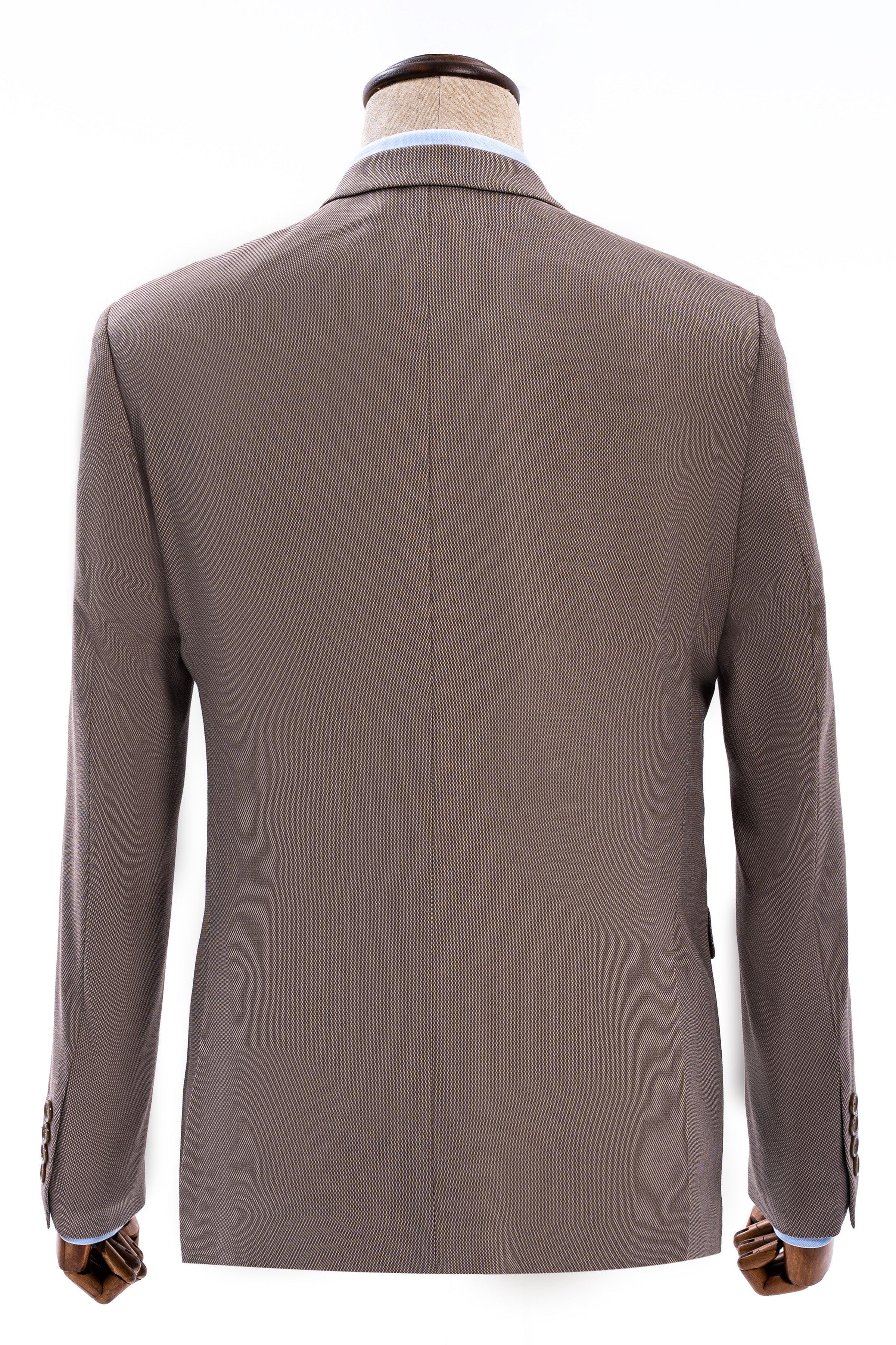 Taupe slim-fit suit jacket back view with matching cuffs