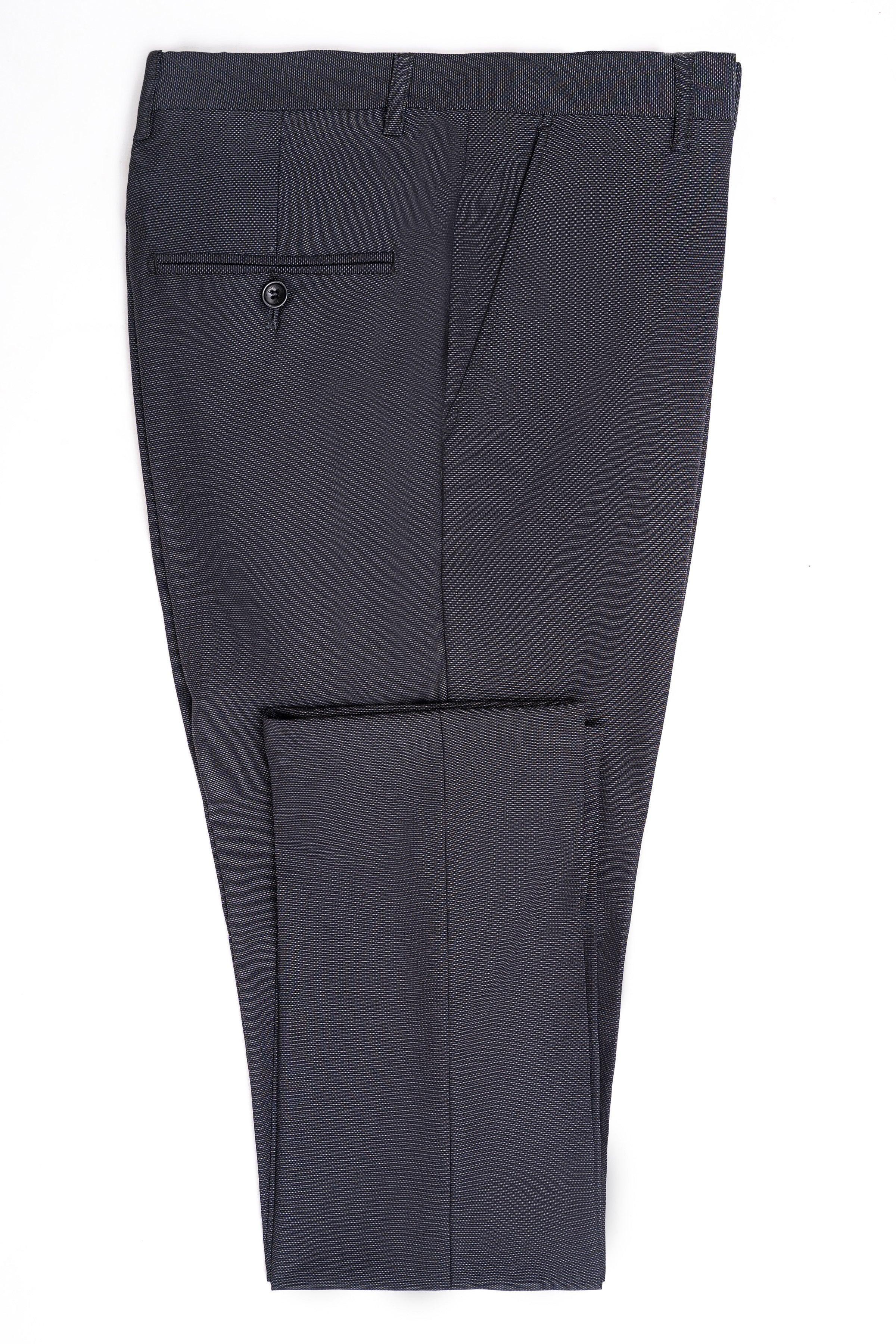 Slim fit suit trousers with belt loops, flat front, and side pockets, dark fabric