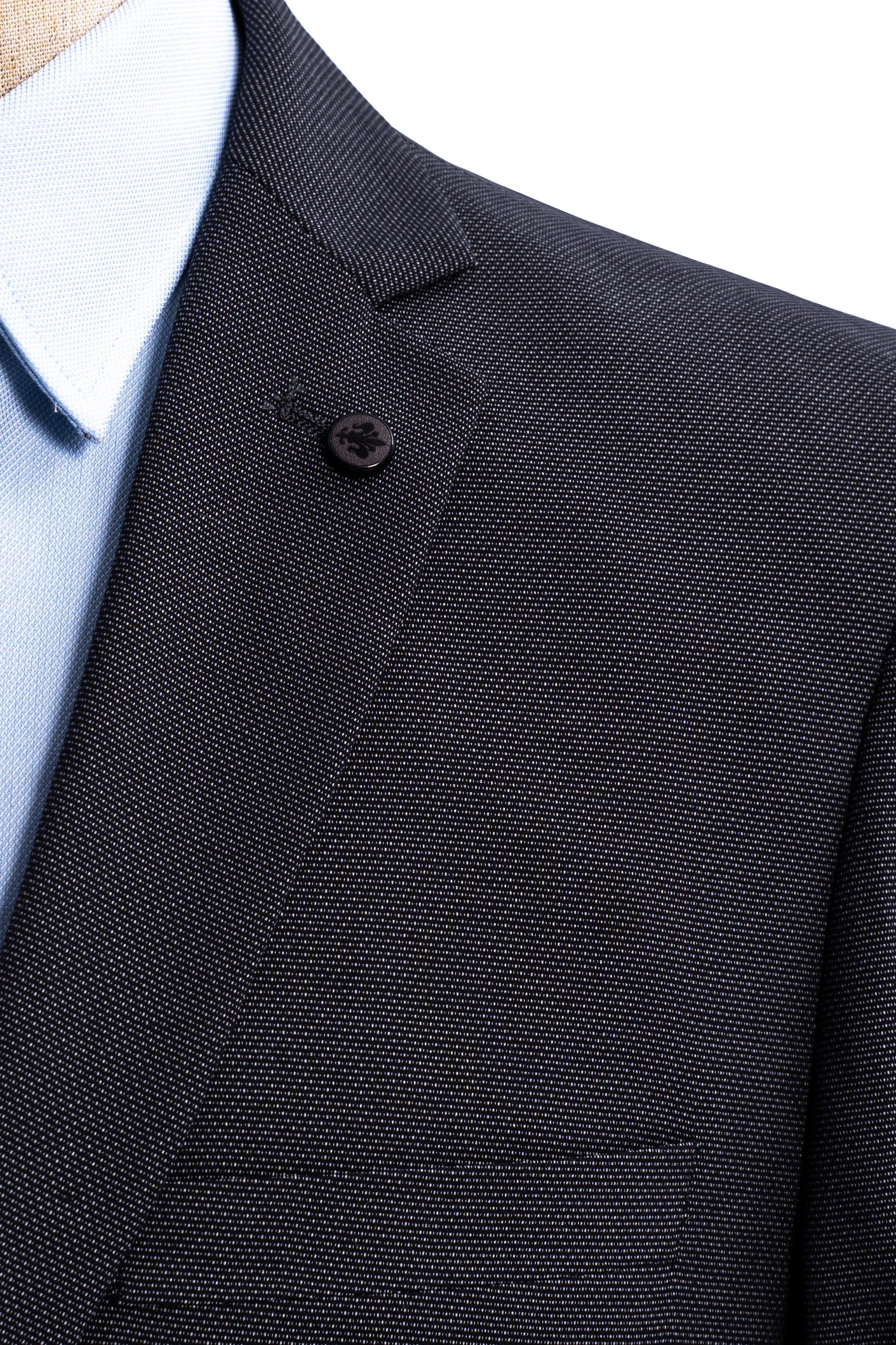 Slim fit suit jacket shoulder and button, textured dark fabric