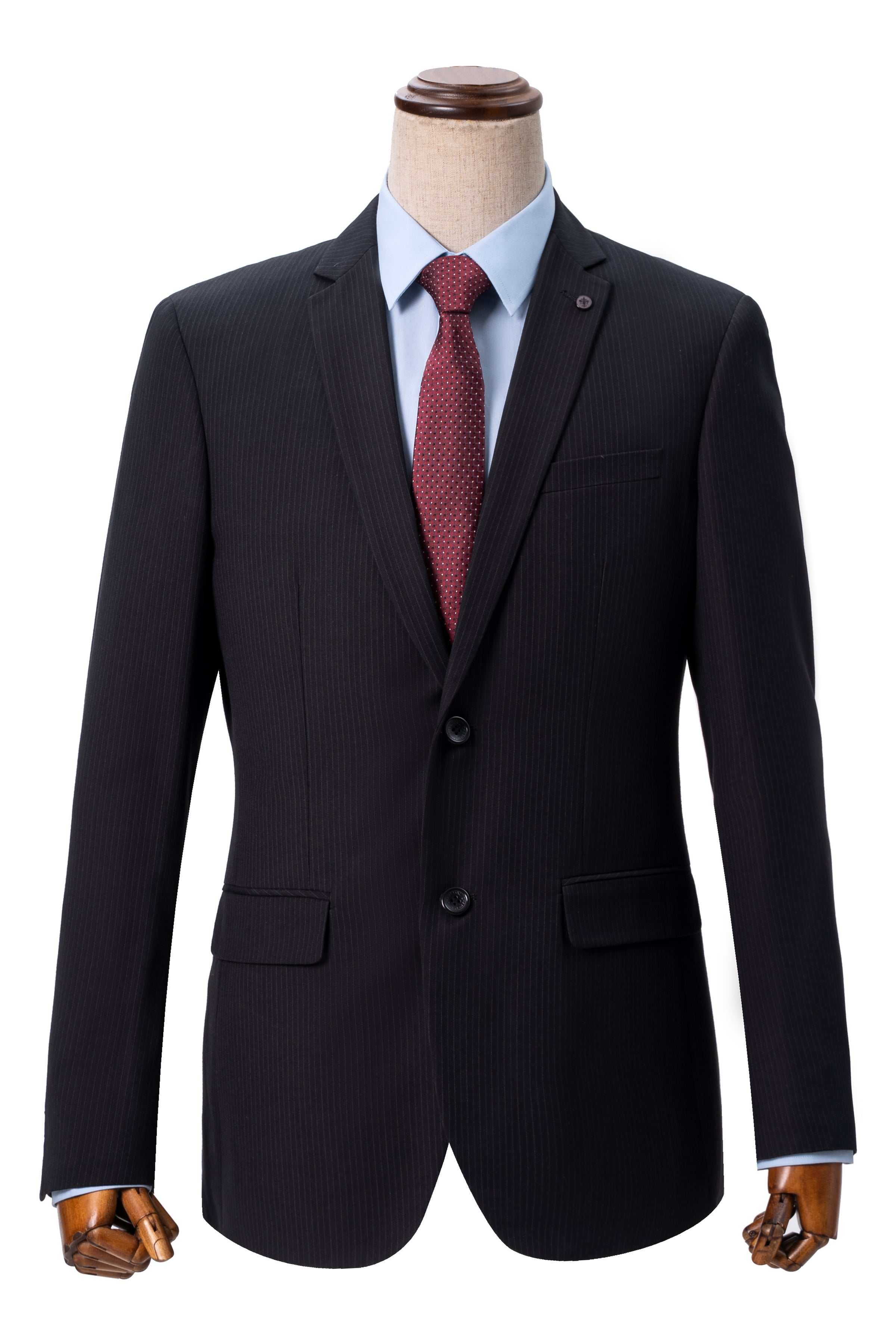 Black two-piece suit with pinstripe blazer and matching vest
