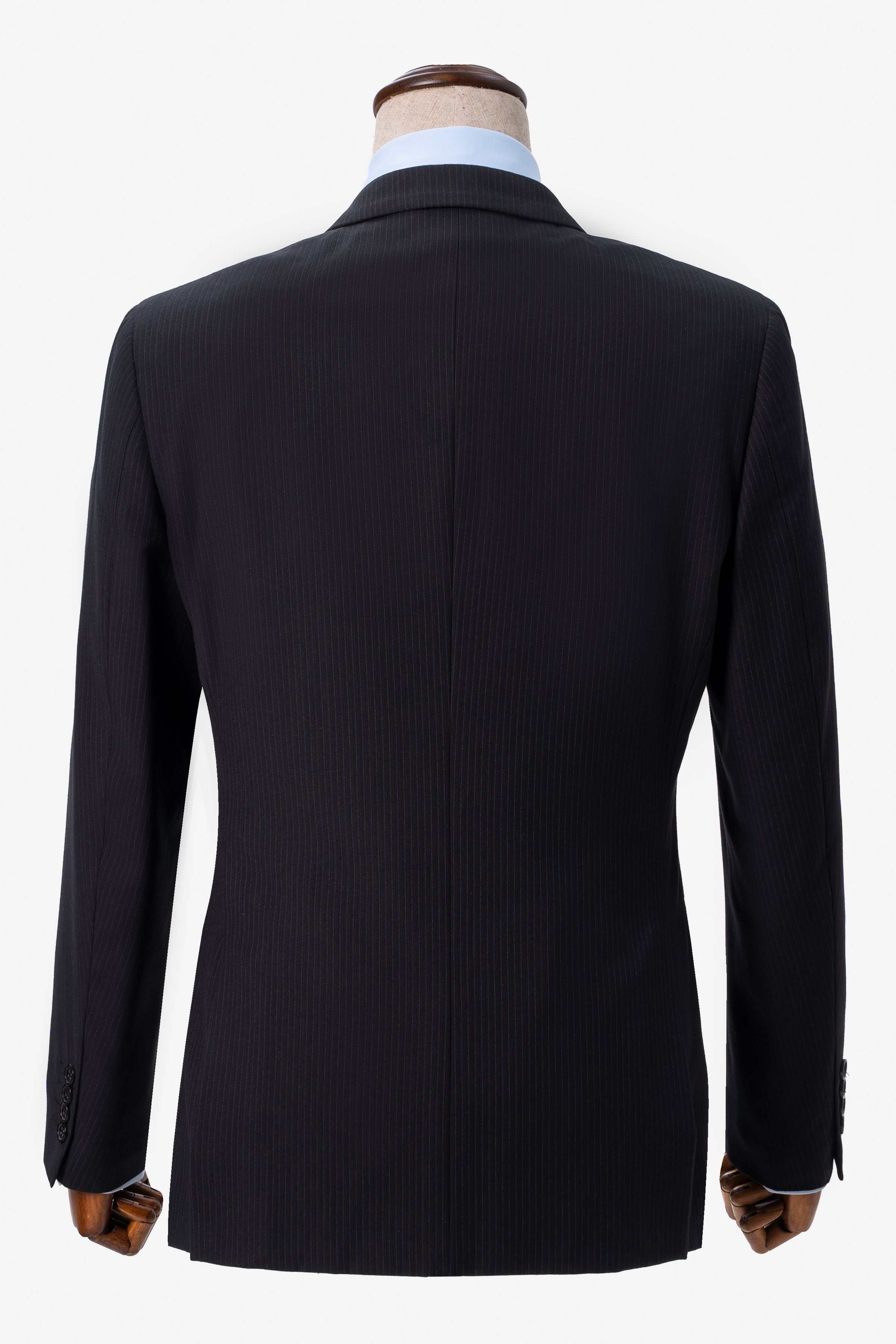 Black suit jacket back with center seam and two-button cuff