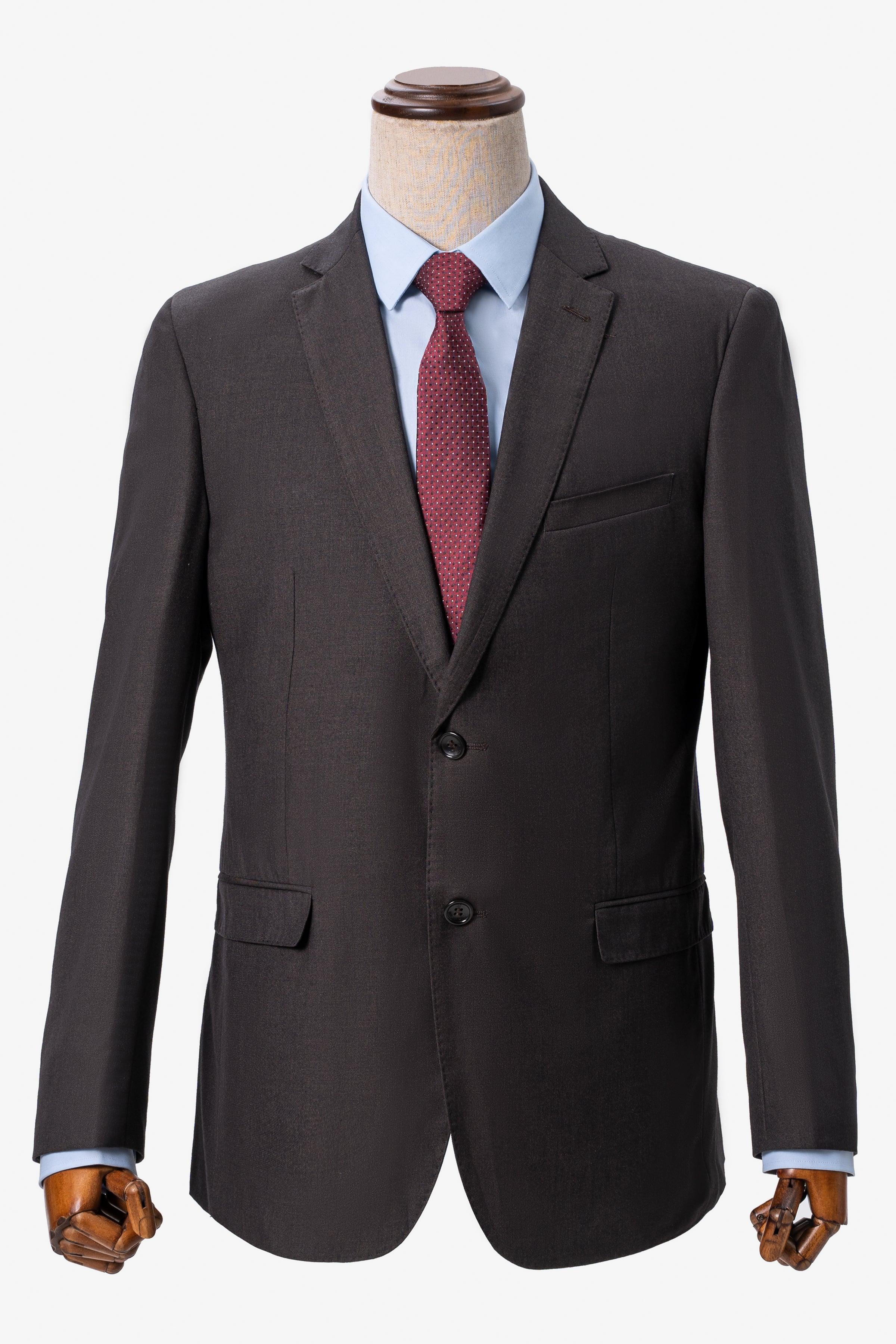 Suit jacket and trousers, dark brown, with red dotted tie and blue shirt