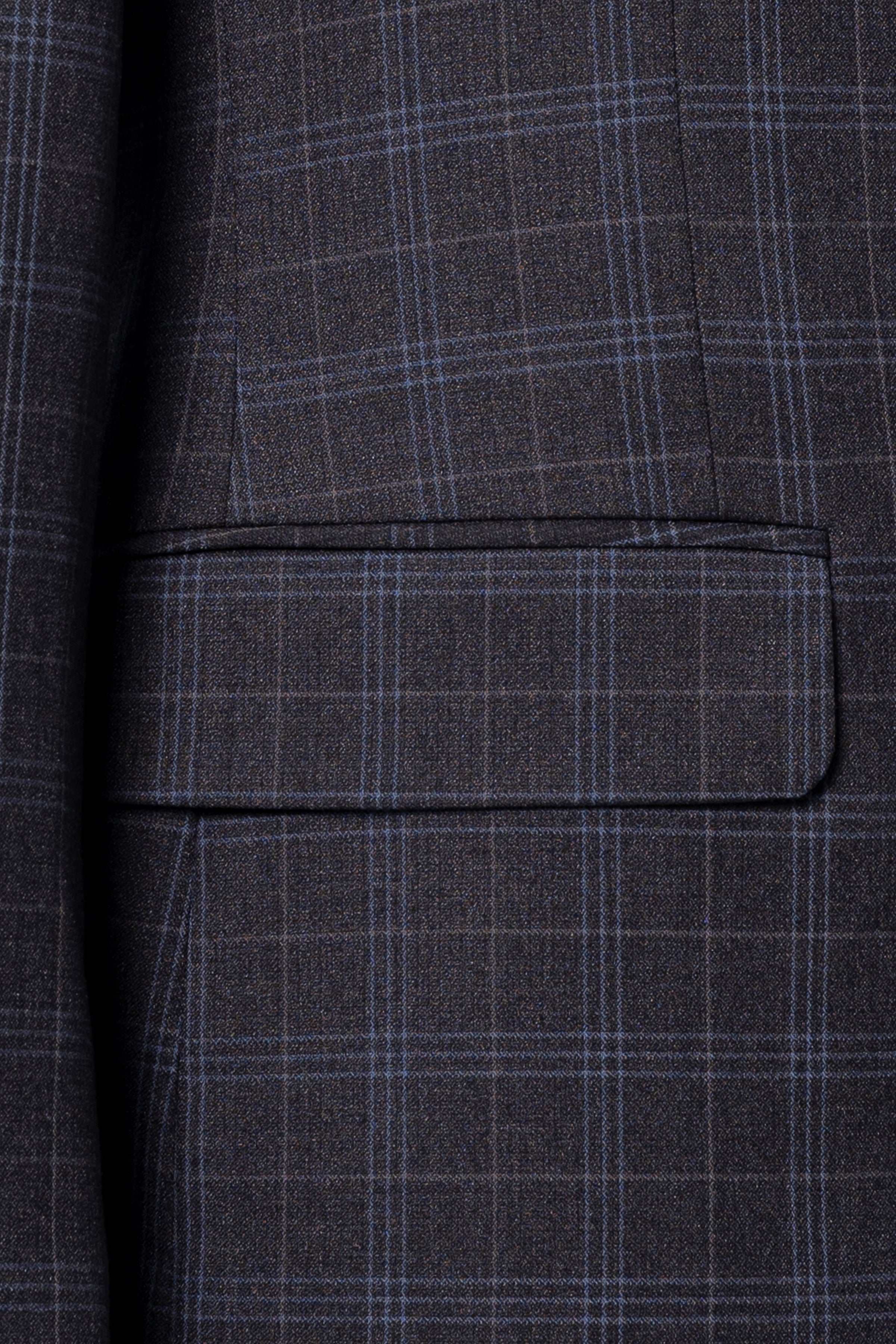 Charcoal check suit jacket, flap pocket detail with stitched edge