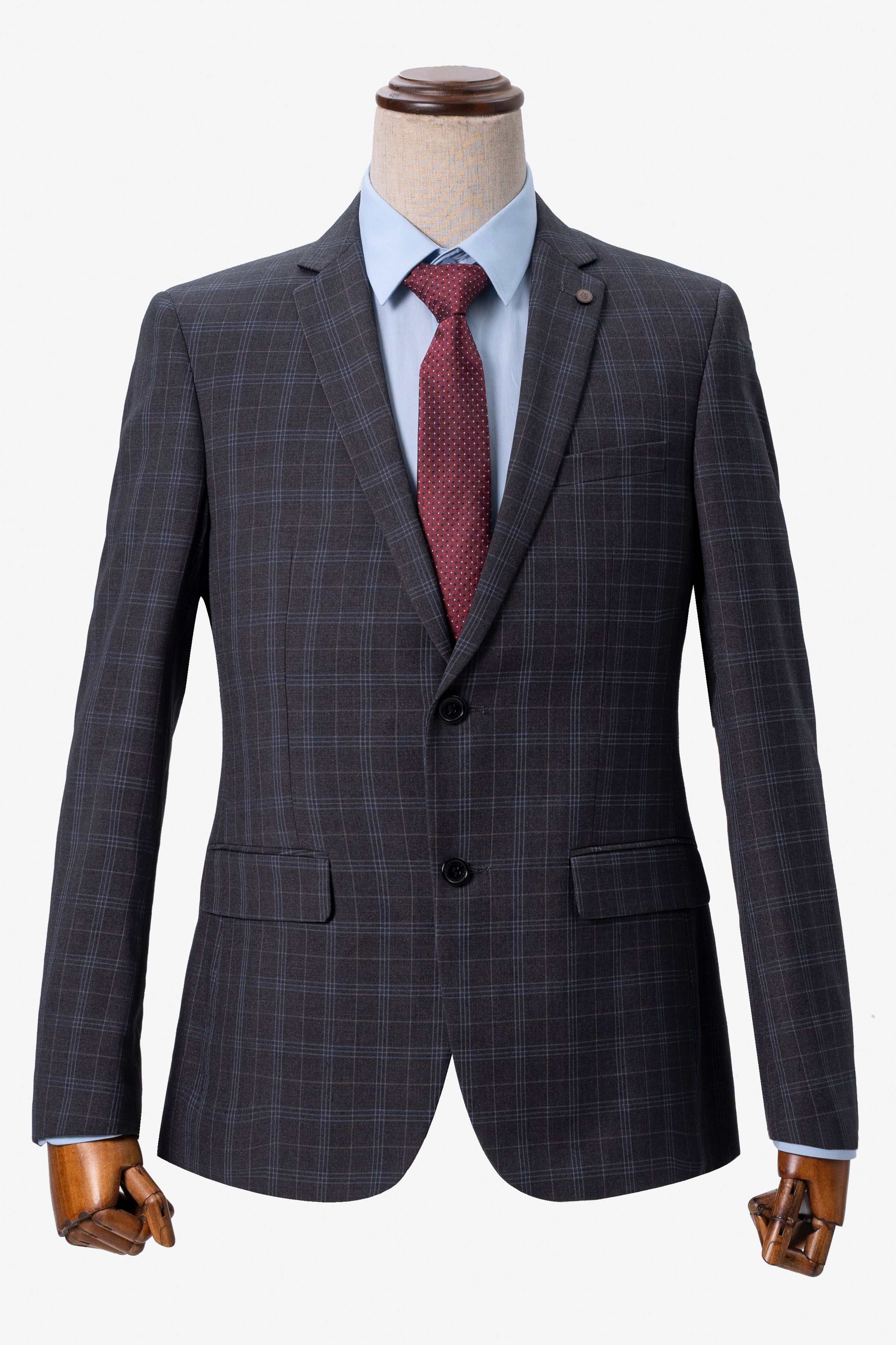 Charcoal check two-piece suit jacket on mannequin with three-button front
