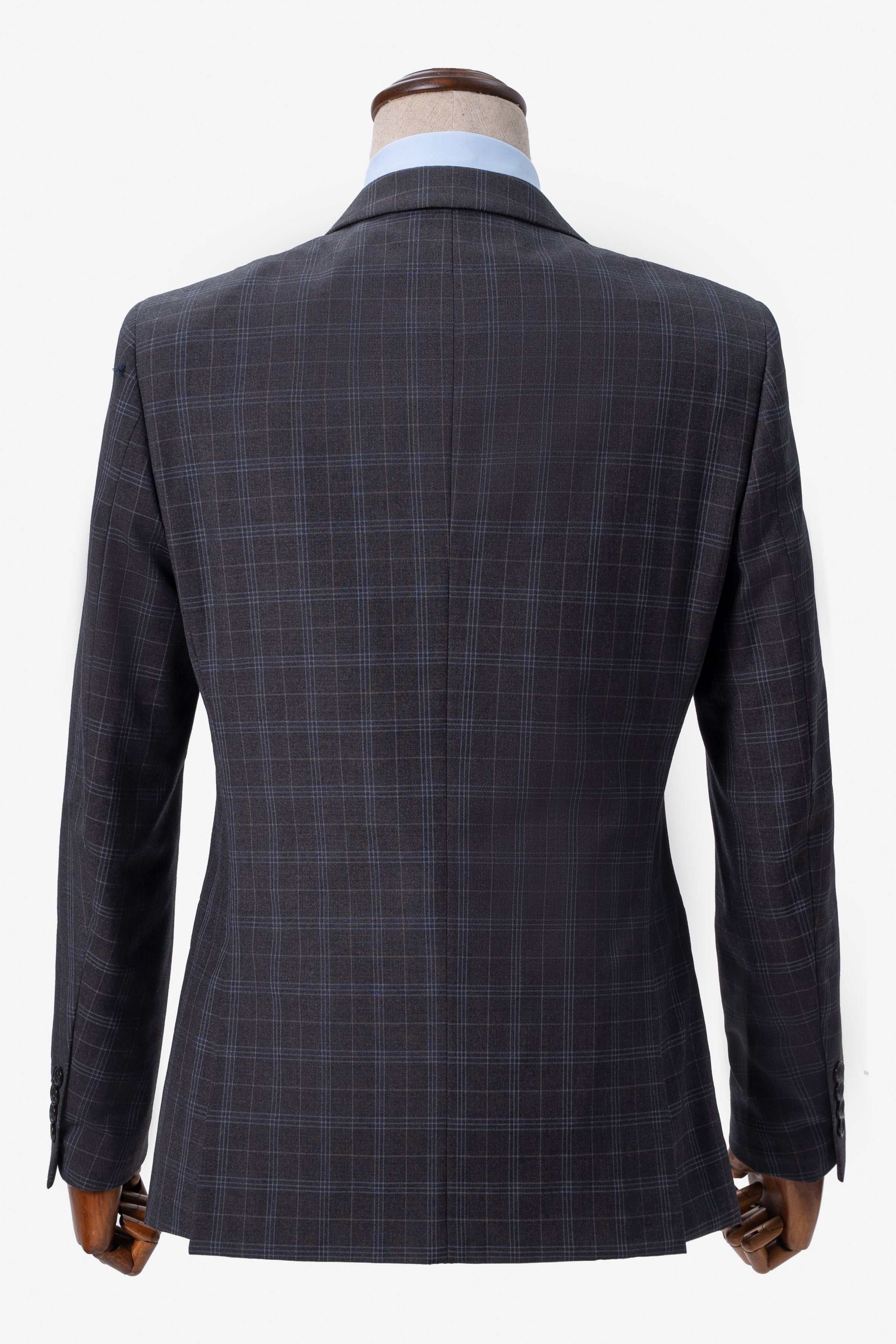Charcoal check-pattern suit jacket, back view with notched collar