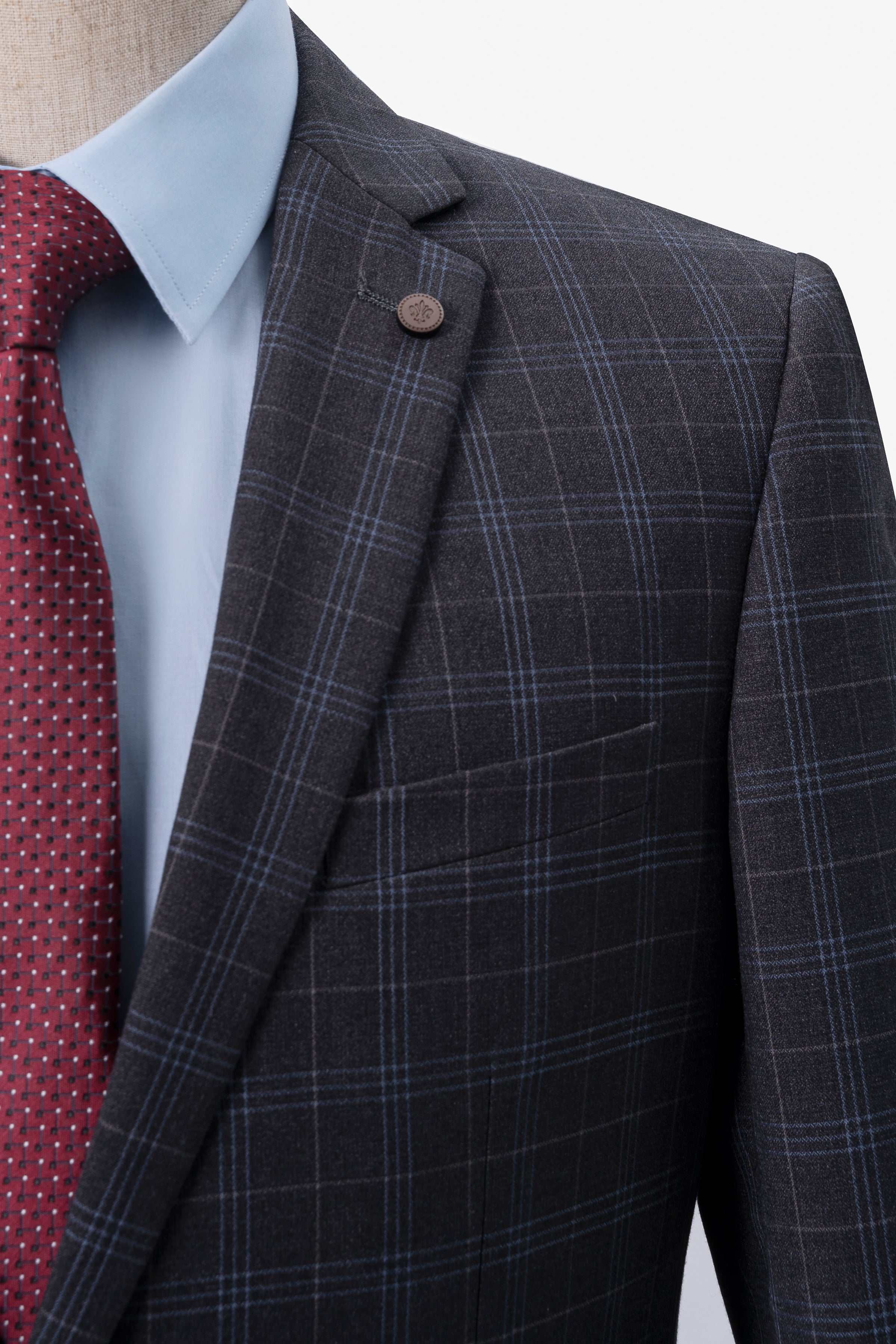 Charcoal check two-piece suit jacket with breast pocket and lapel