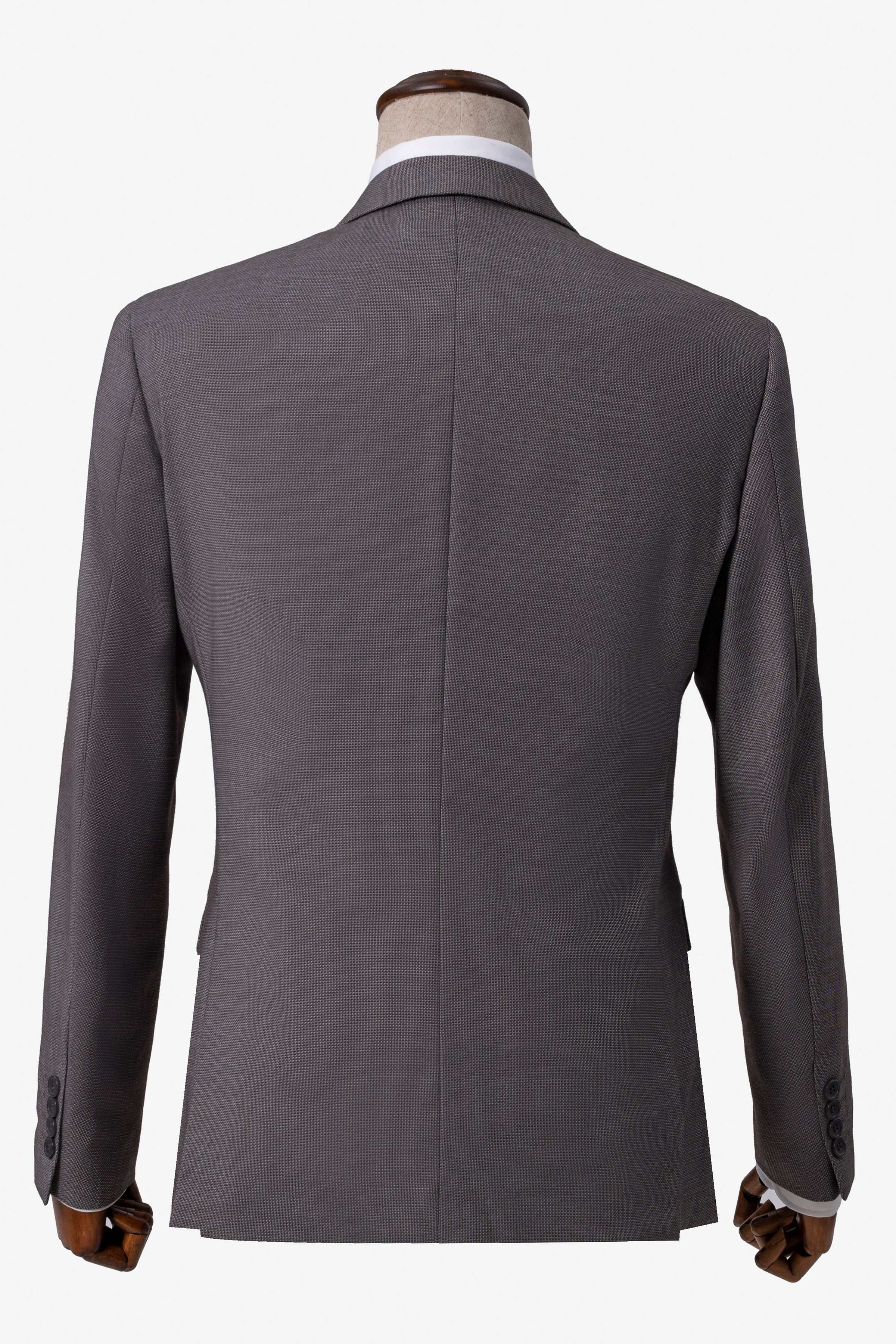 Grey suit jacket back view with center seam and rear vent