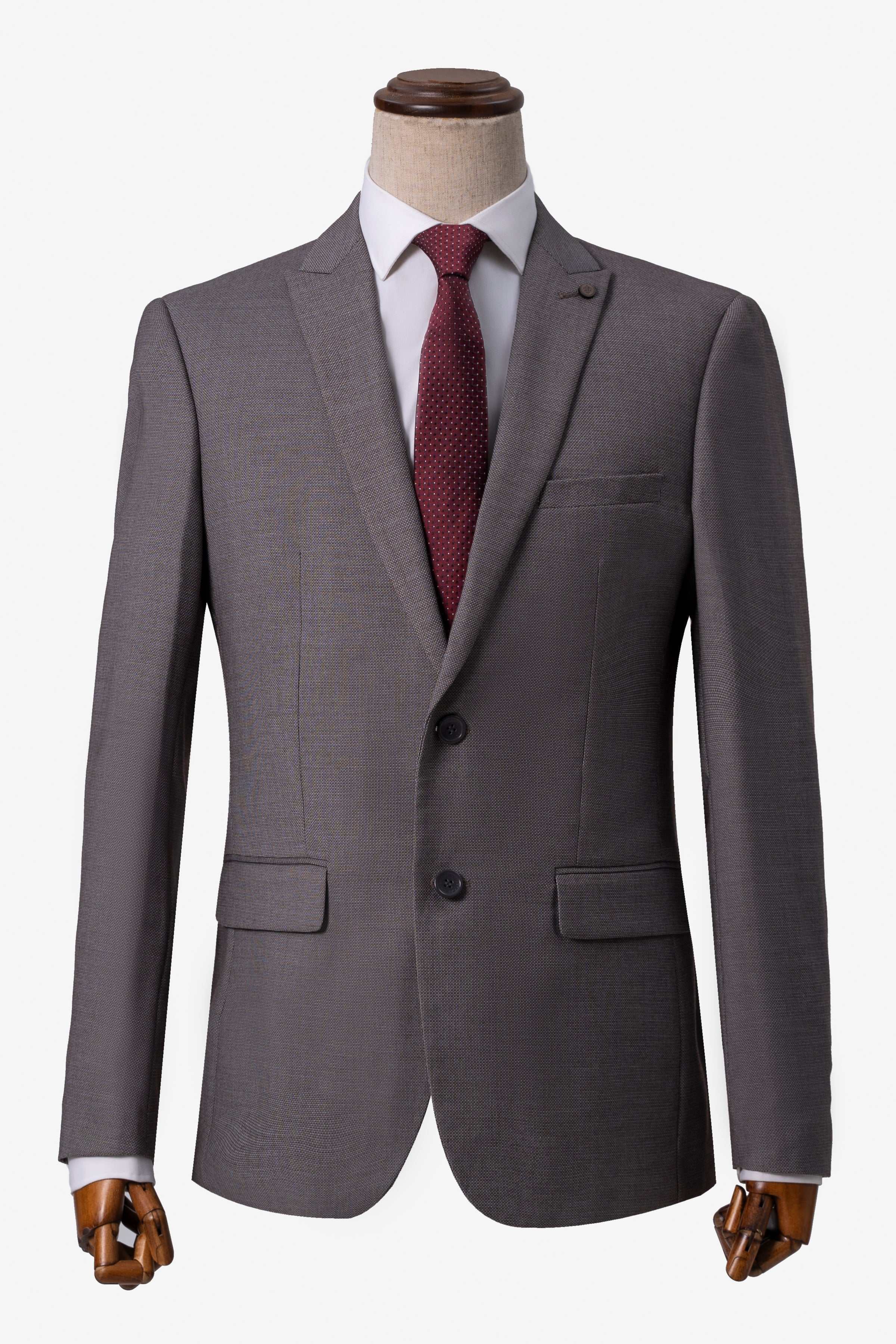 Grey suit jacket front view with notch lapel and flap pockets