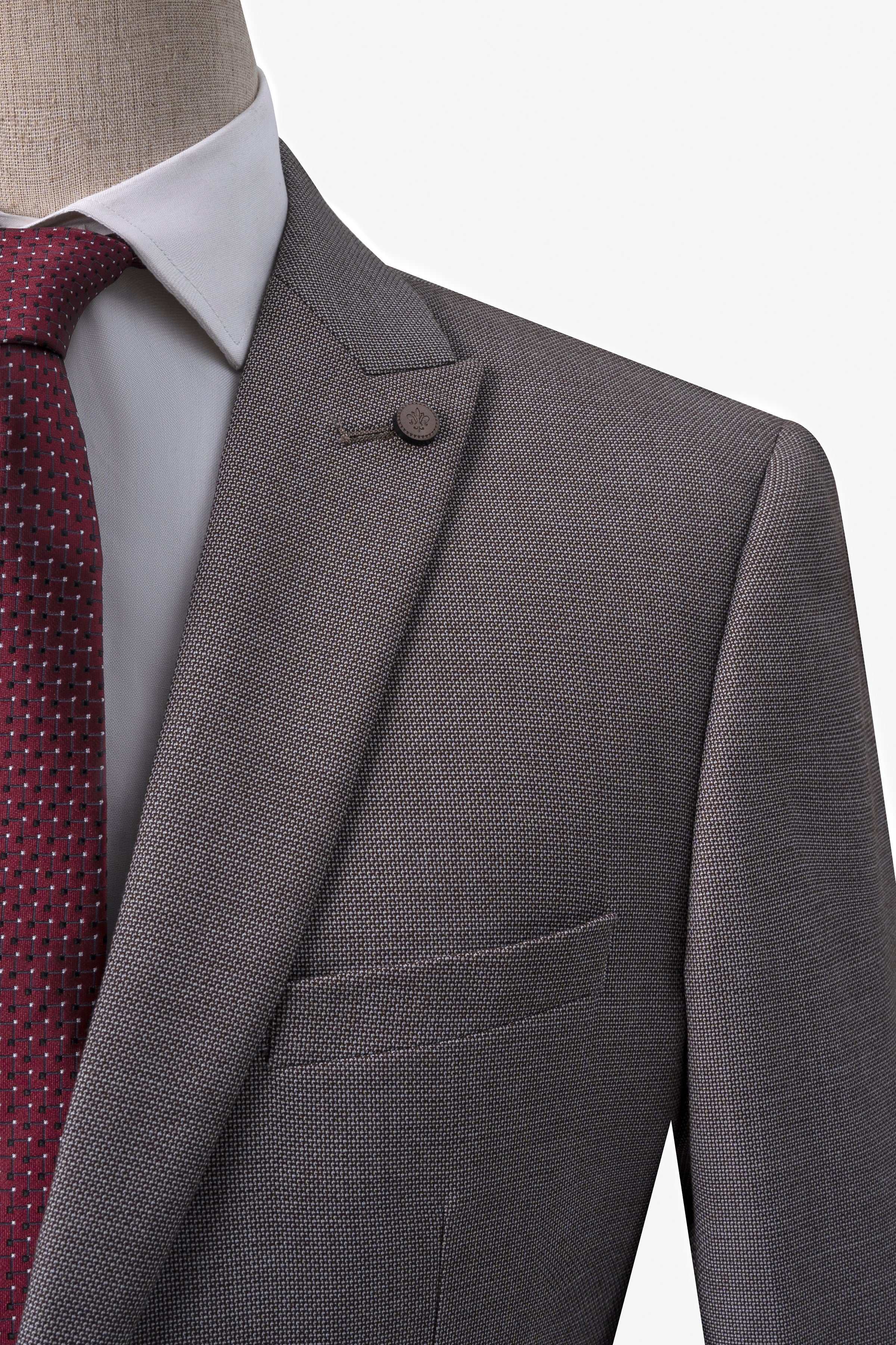 Grey suit jacket front view with notch lapel and breast pocket