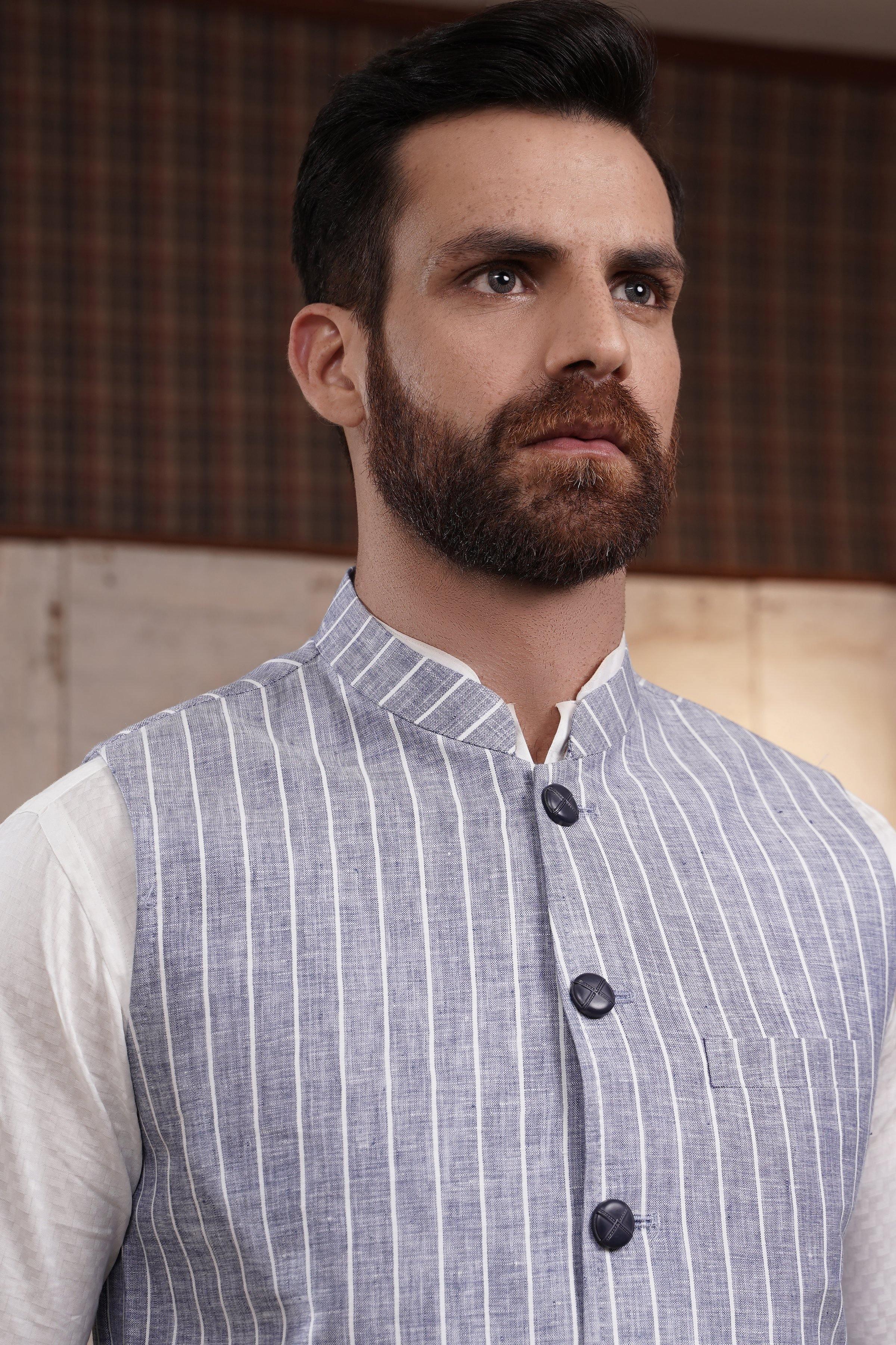 WAIST COAT BLUE WHITE LINE at Charcoal Clothing