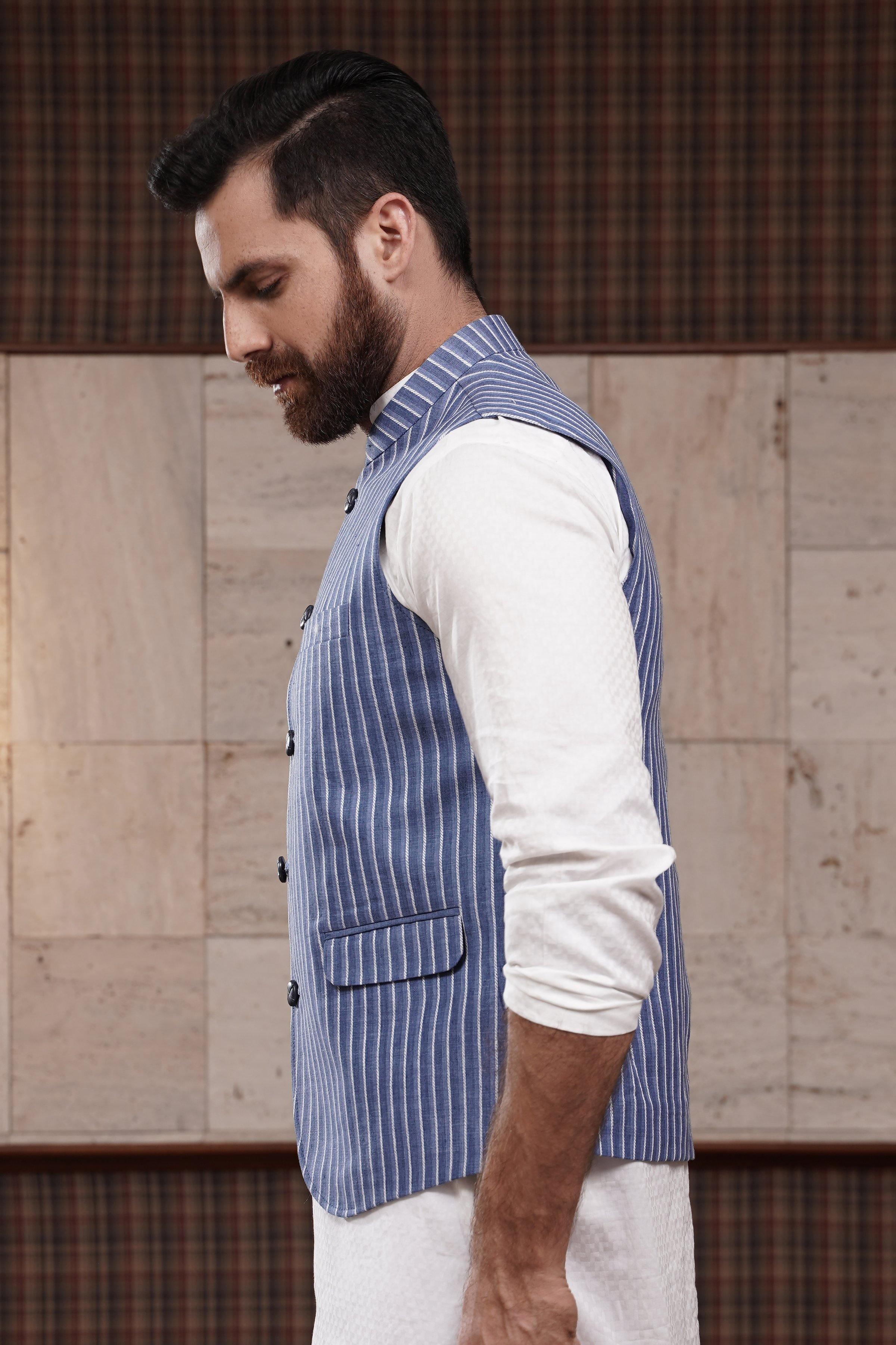 WAIST COAT BLUE WHITE LINE at Charcoal Clothing
