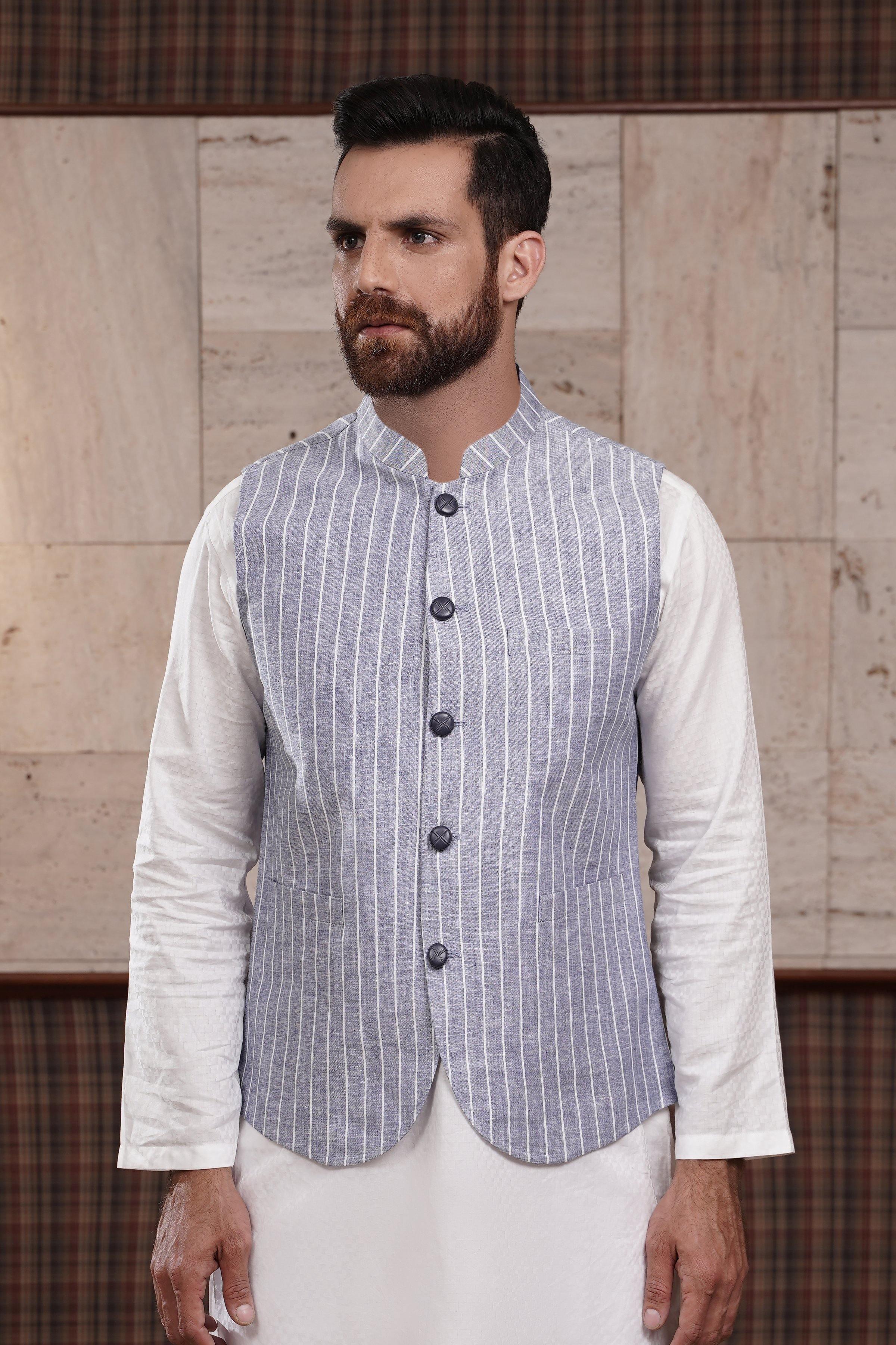 WAIST COAT BLUE WHITE LINE at Charcoal Clothing