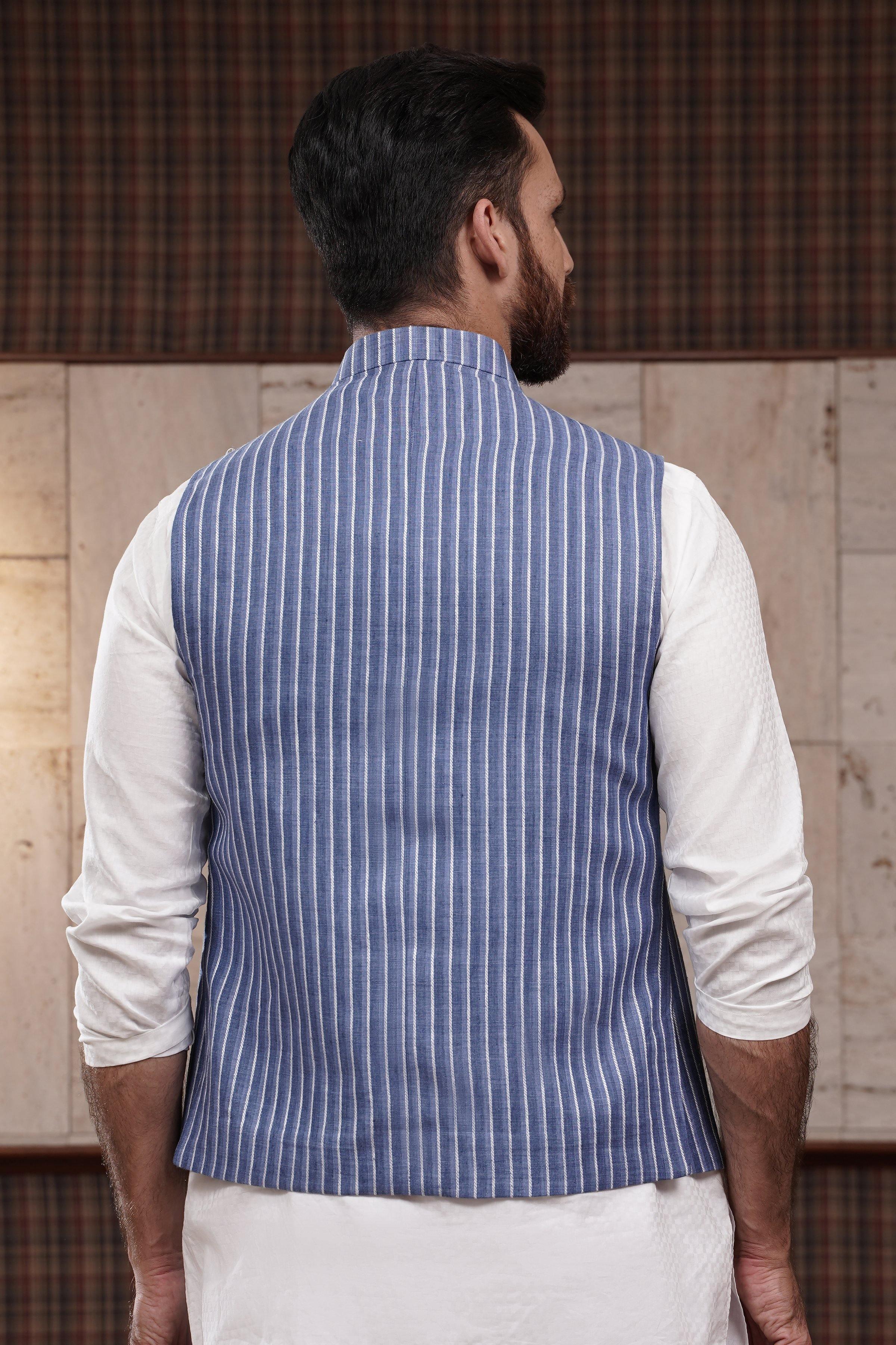 WAIST COAT BLUE WHITE LINE at Charcoal Clothing