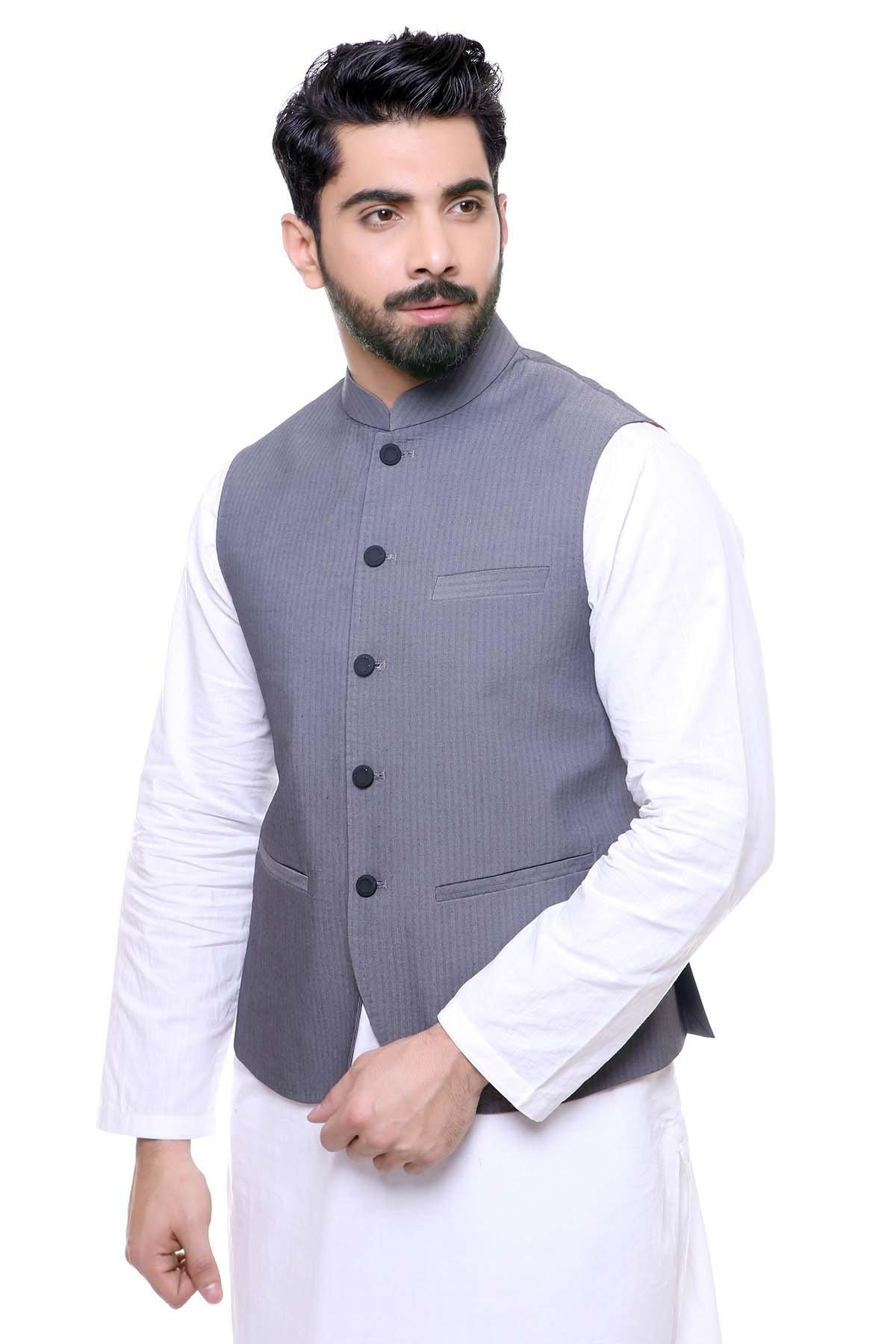 Dark gray waist coat sleeveless with button placket and patch pocket, side view