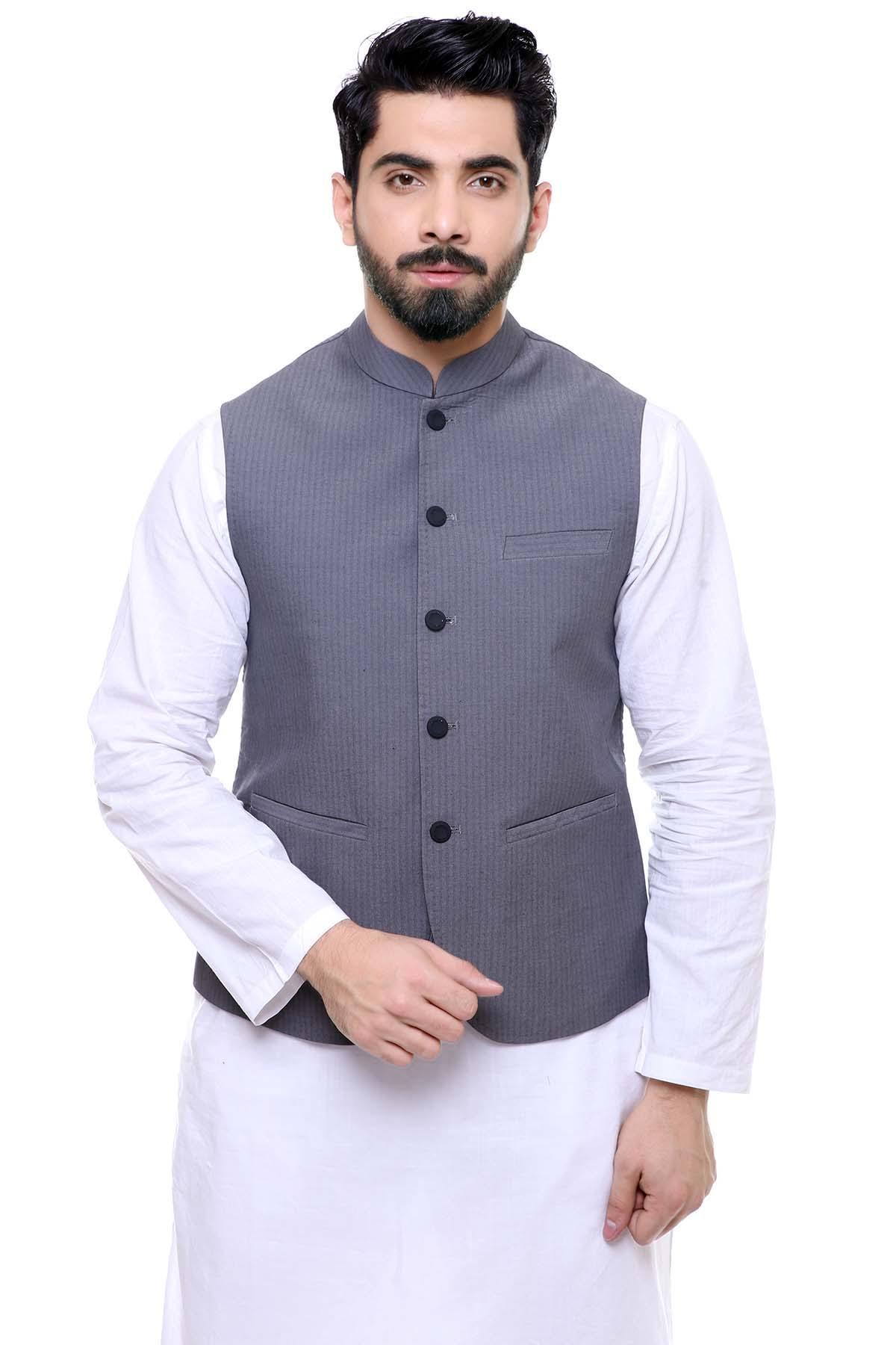 Dark gray waist coat front detail with black buttons and chest patch pocket