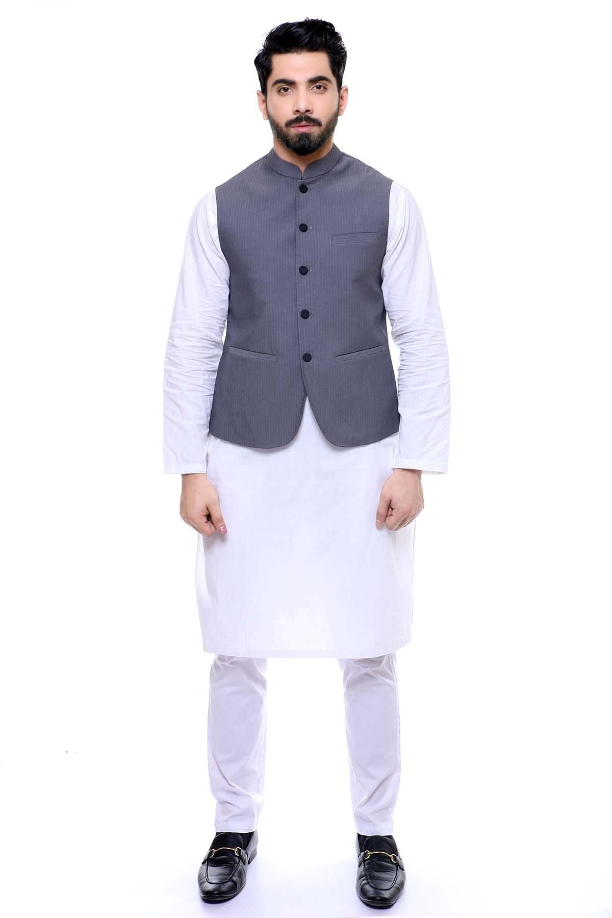 Dark gray waist coat with button front and stand collar, front patch pocket