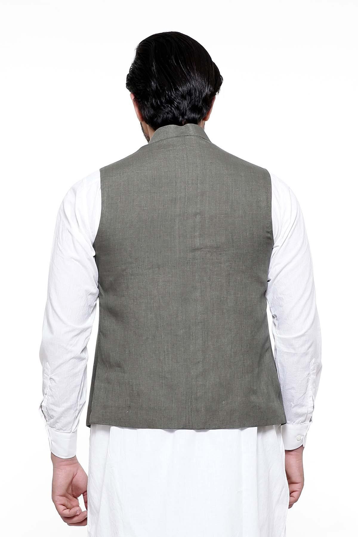Green waist coat back view with stand collar and centered seam, sleeveless