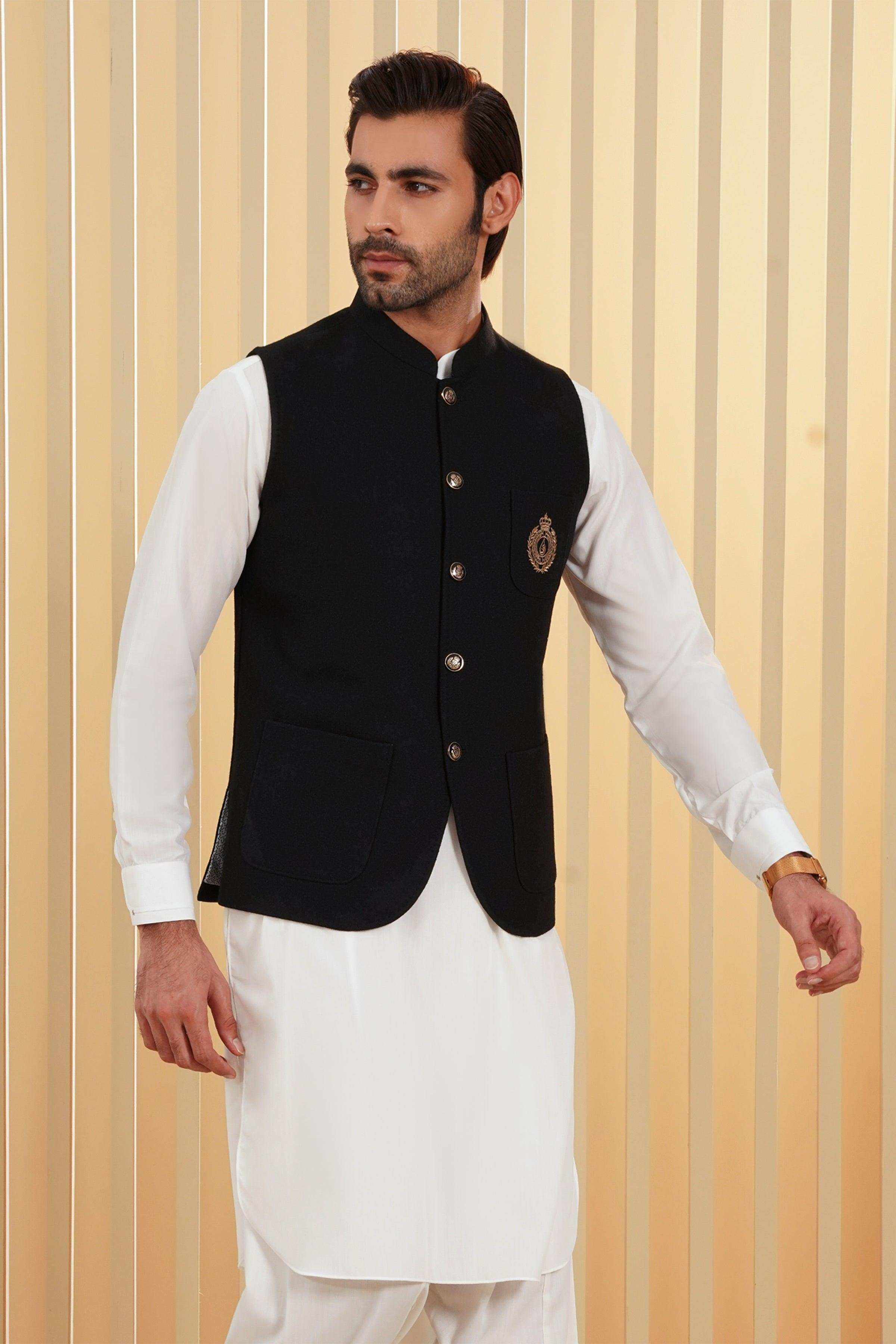 Black waistcoat with stand collar, gold buttons, and side flap pockets