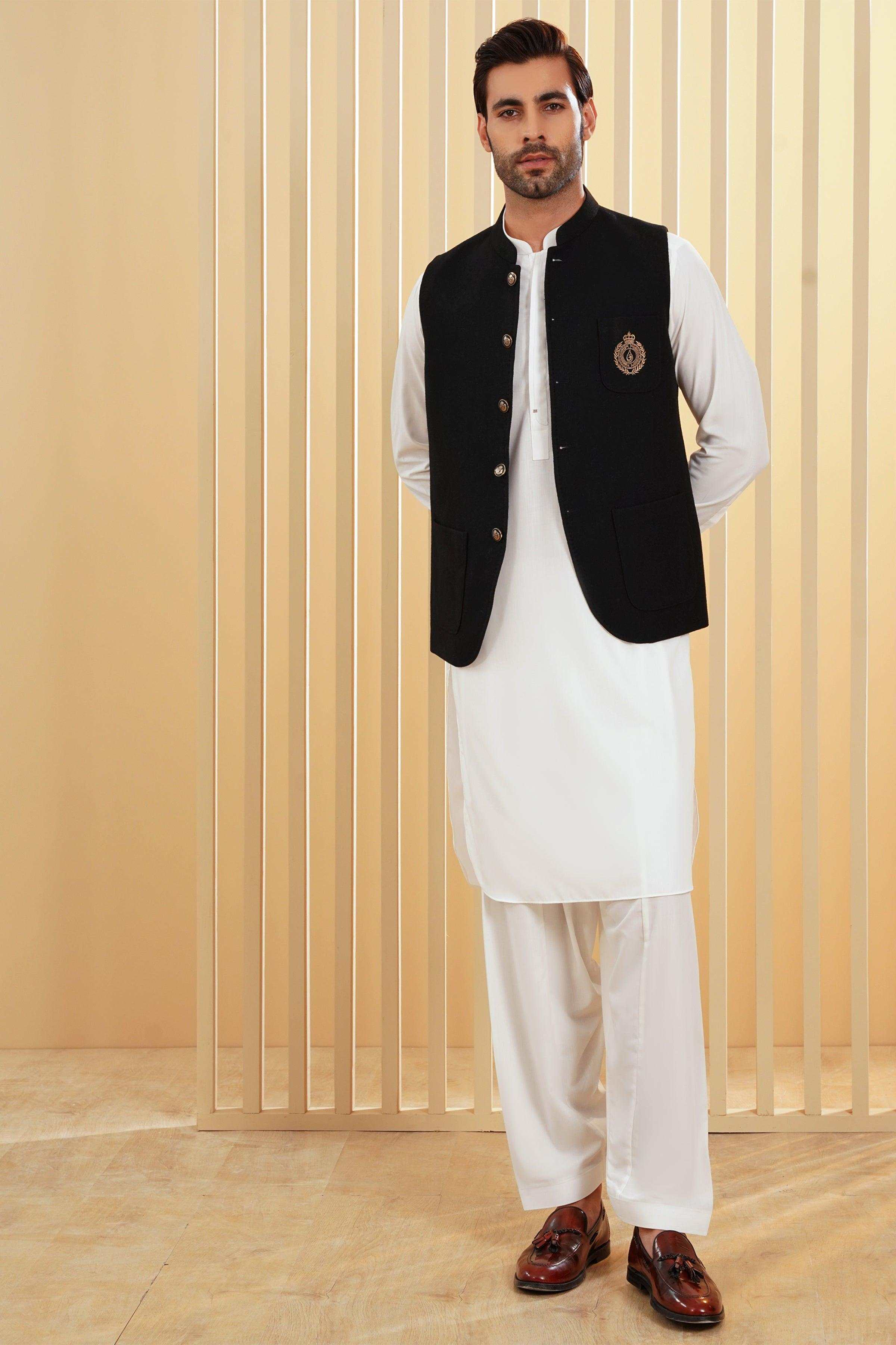 Black waistcoat with stand collar, gold buttons, and front flap pockets