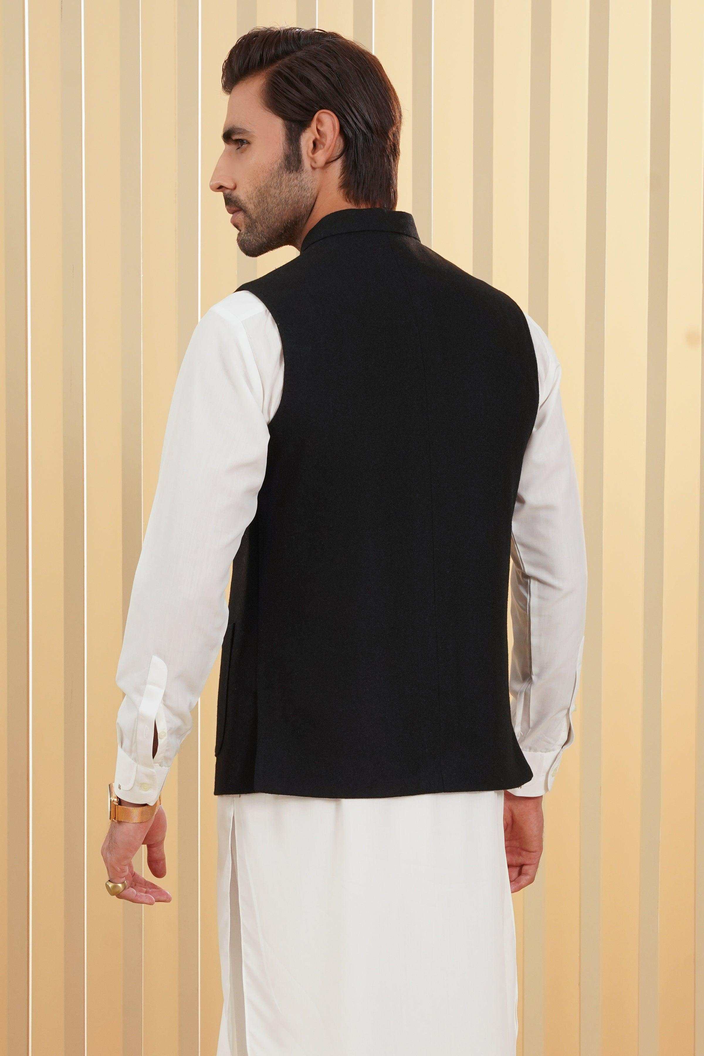 Black waistcoat back view with smooth shoulders and center seam