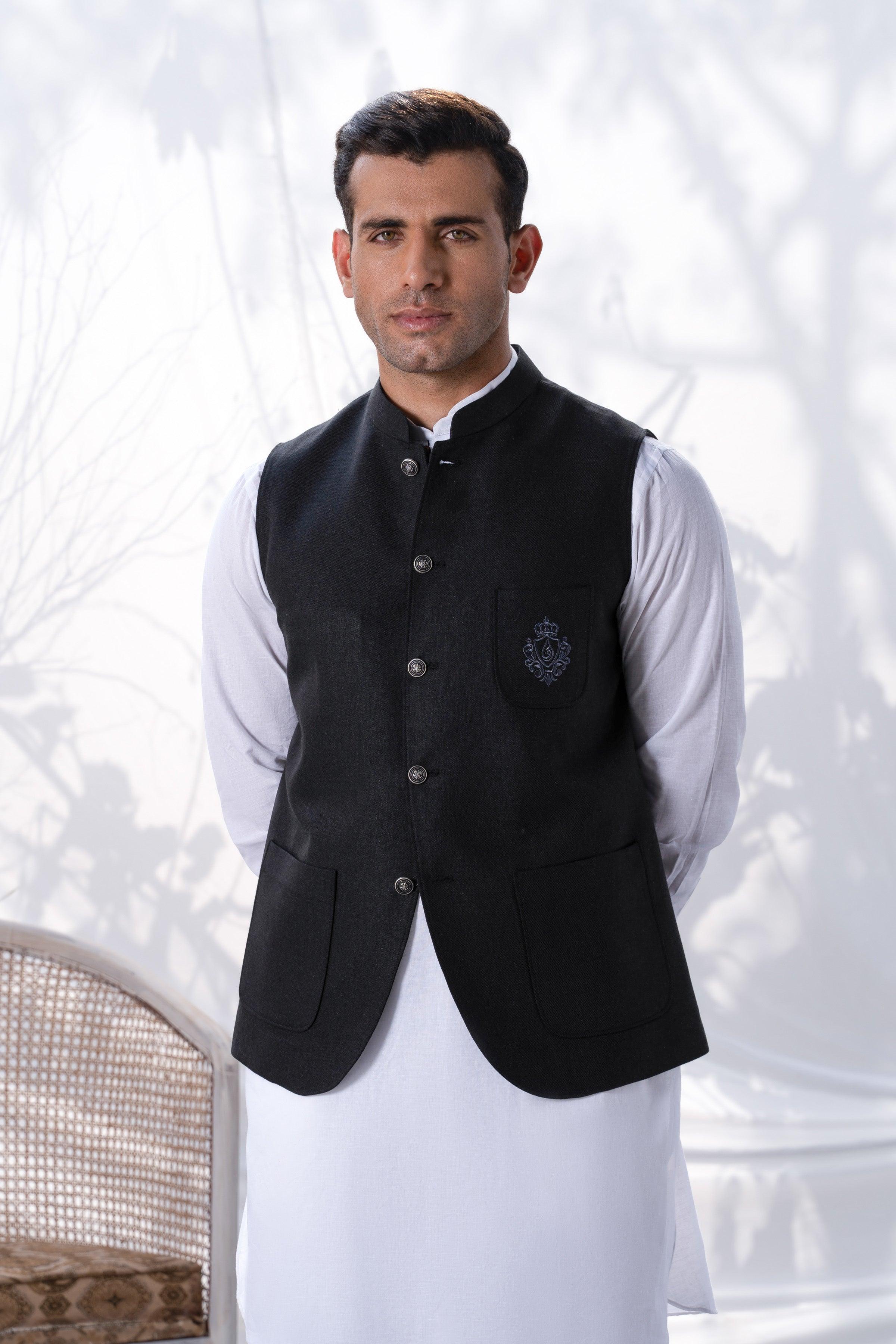 Men's black waistcoat with stand collar, button front, and chest pocket