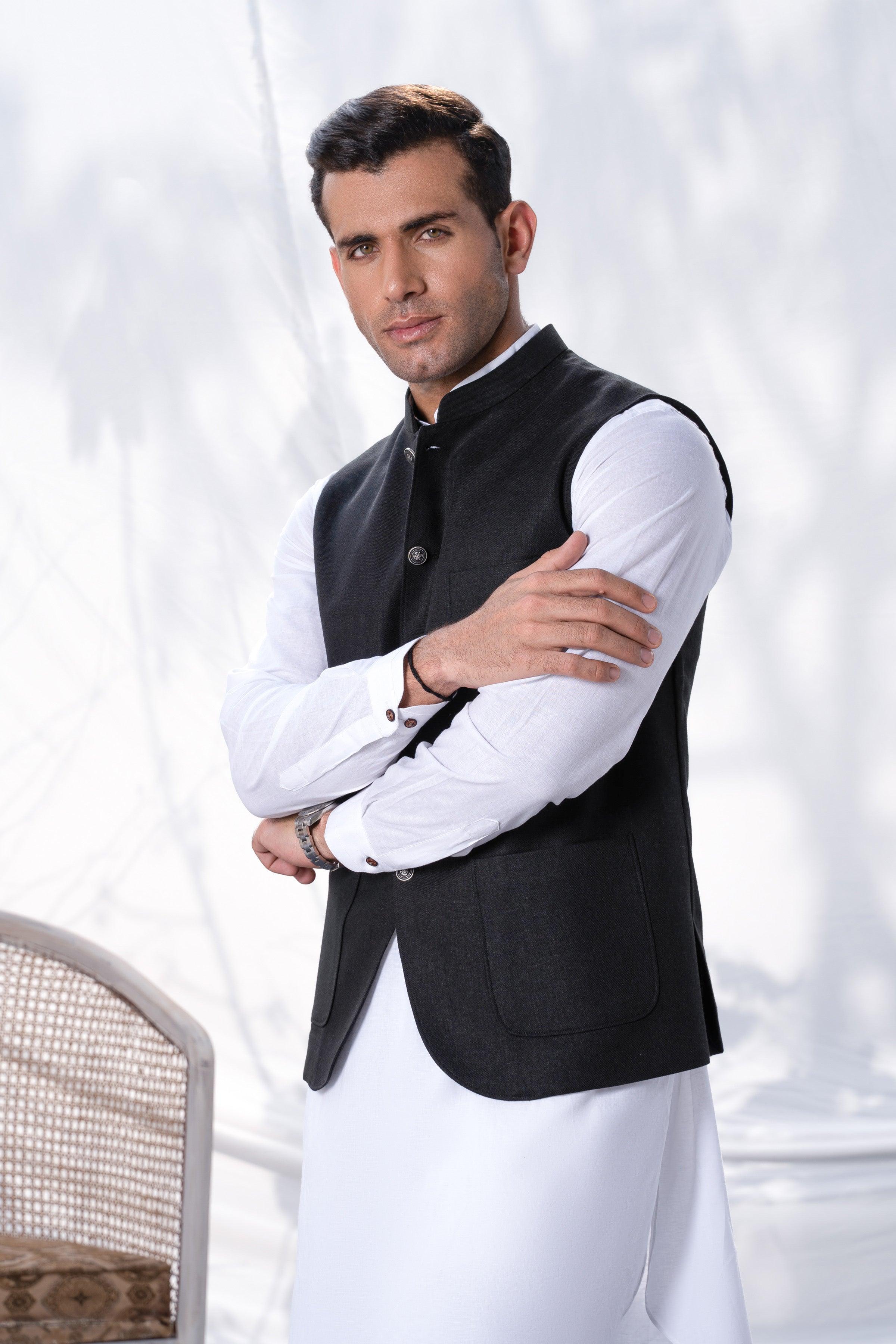 Men's black waistcoat with stand collar and button front, side view