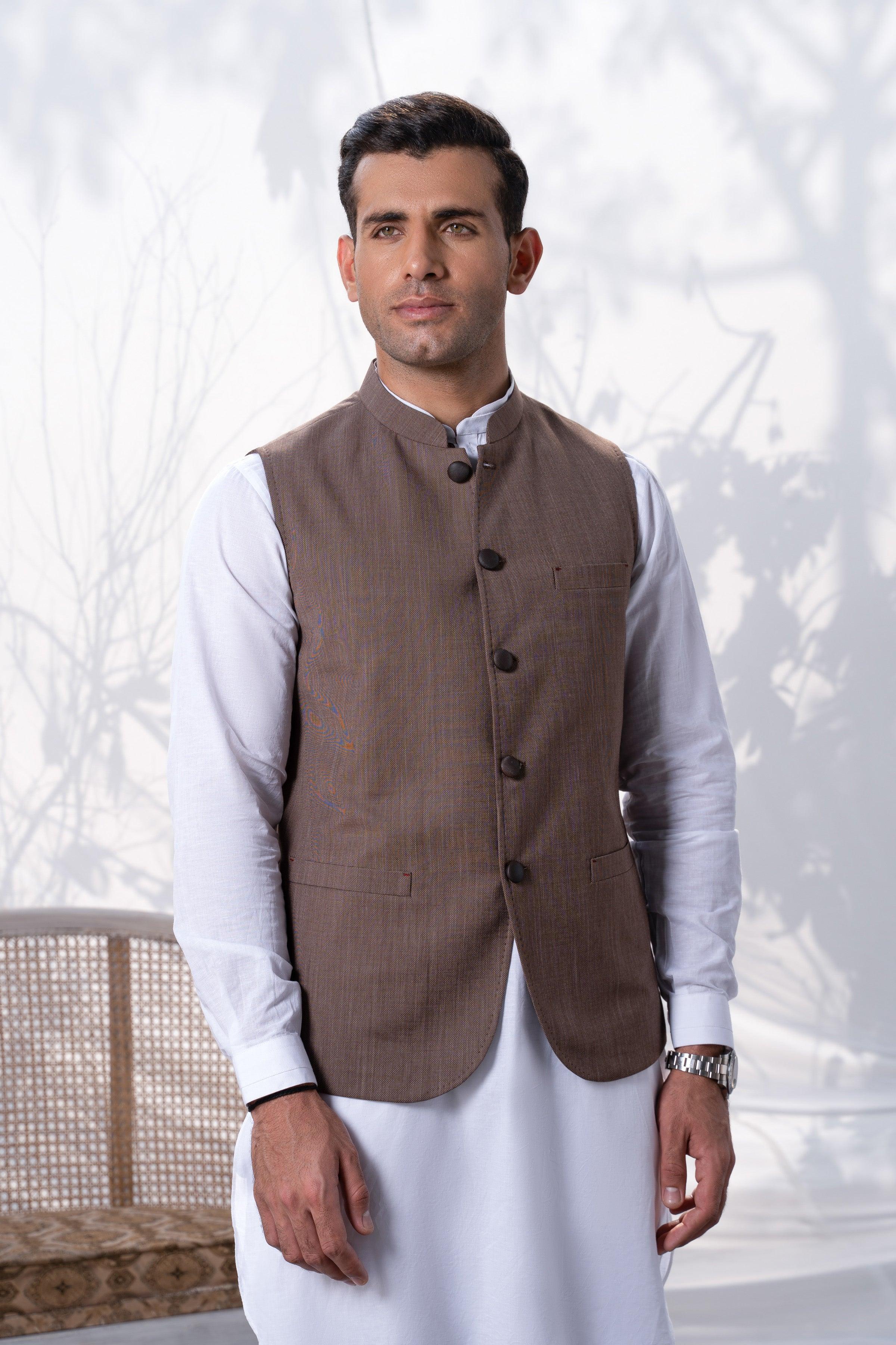 Brown waistcoat with four-button front and stand collar, front view