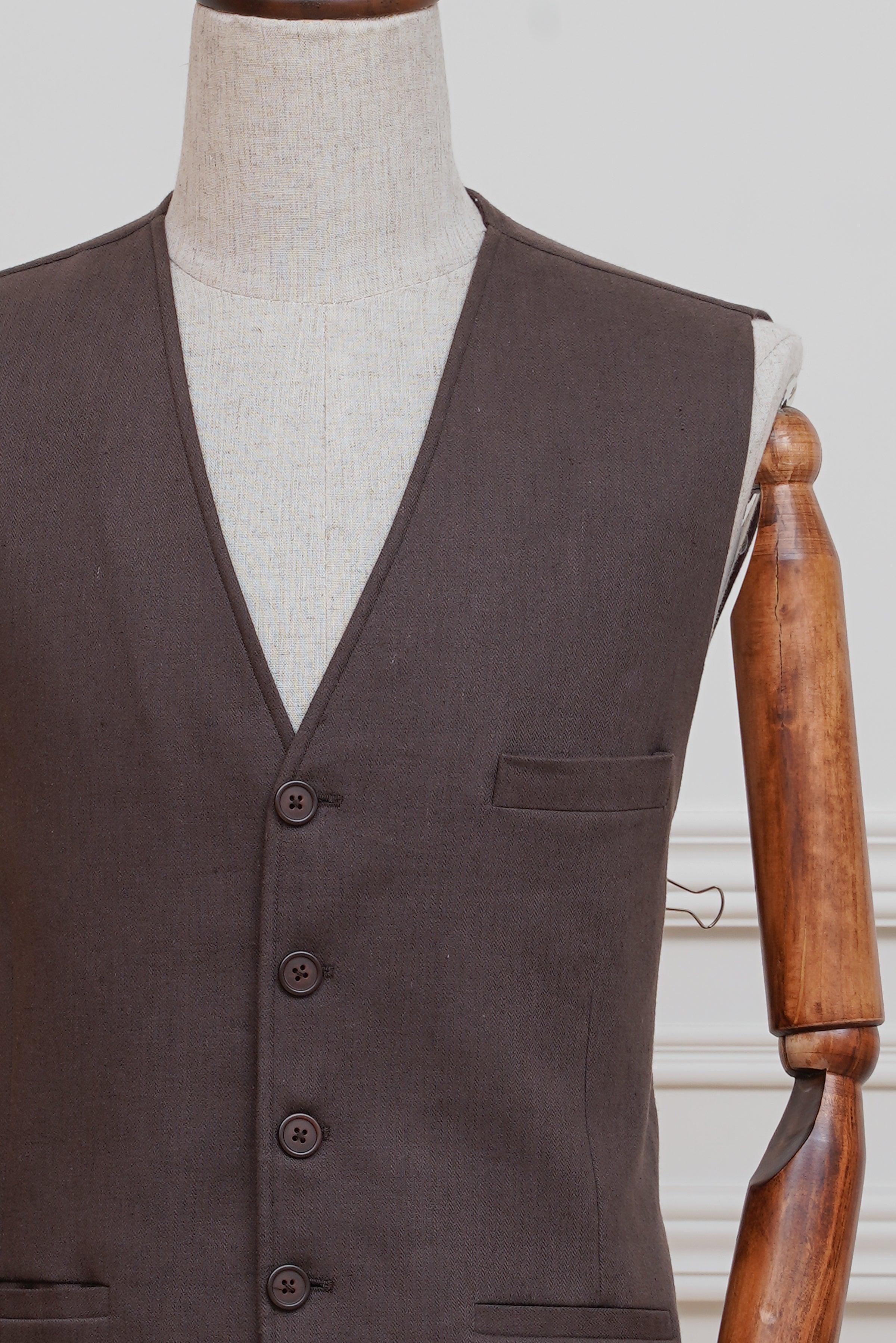 Dark coffee waistcoat close-up with V-neck, four-button front, and chest pocket