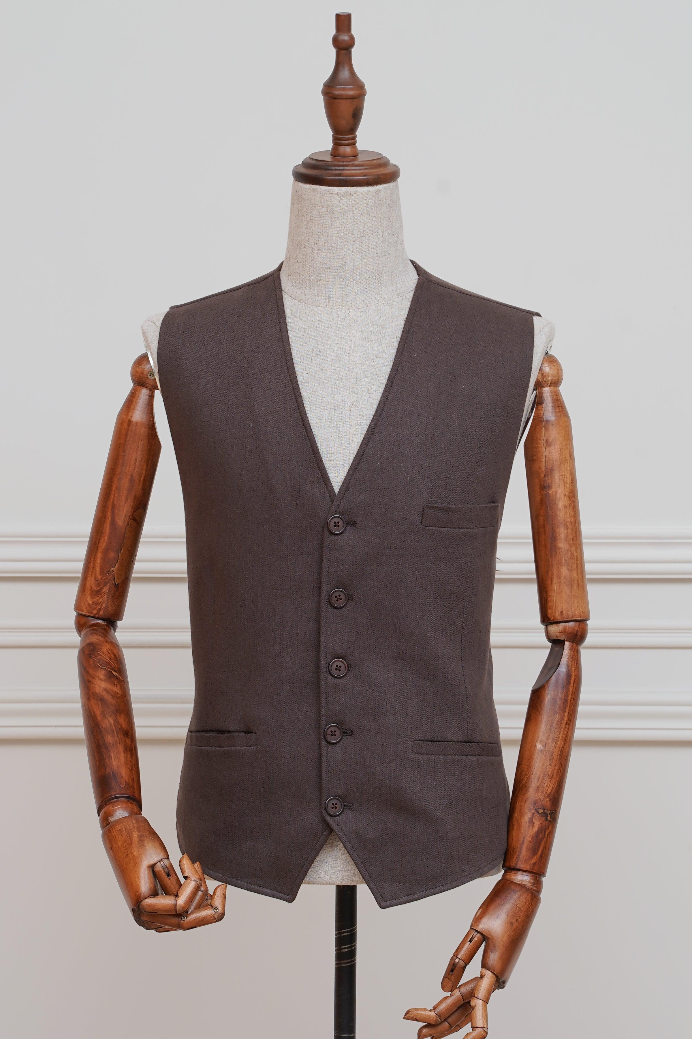 Dark coffee waistcoat with V-neck, button front, and welt pockets