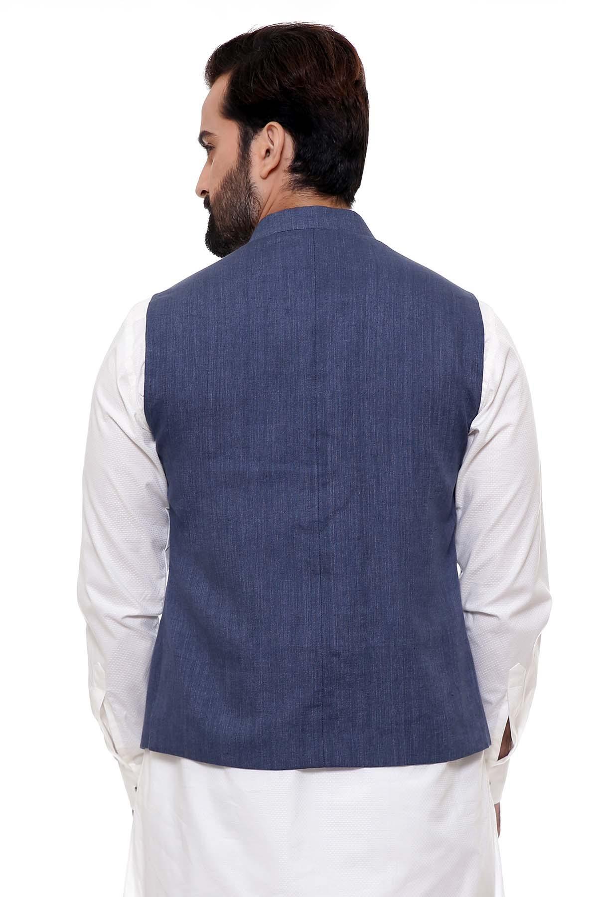 Dark blue waistcoat back view with button placket and yoke