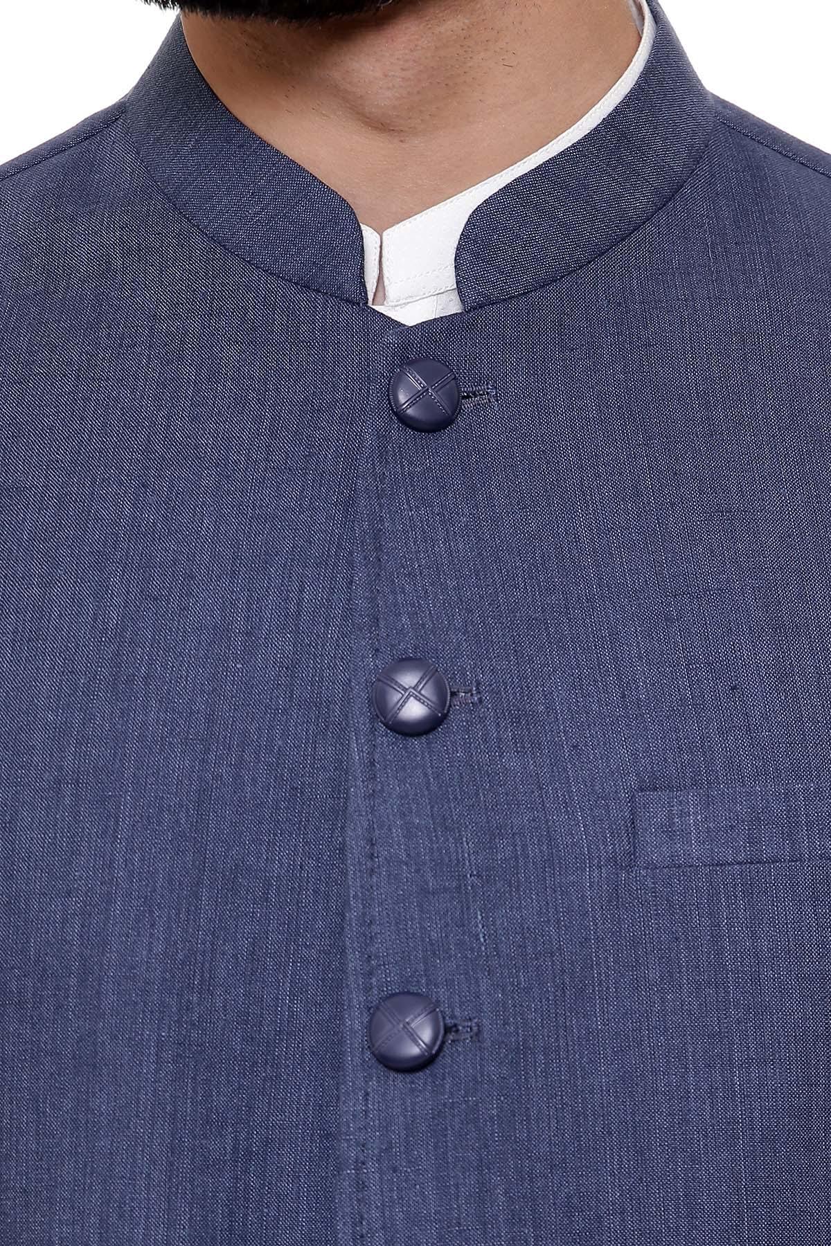 Dark blue waistcoat close-up: stand collar, dark buttons, chest pocket