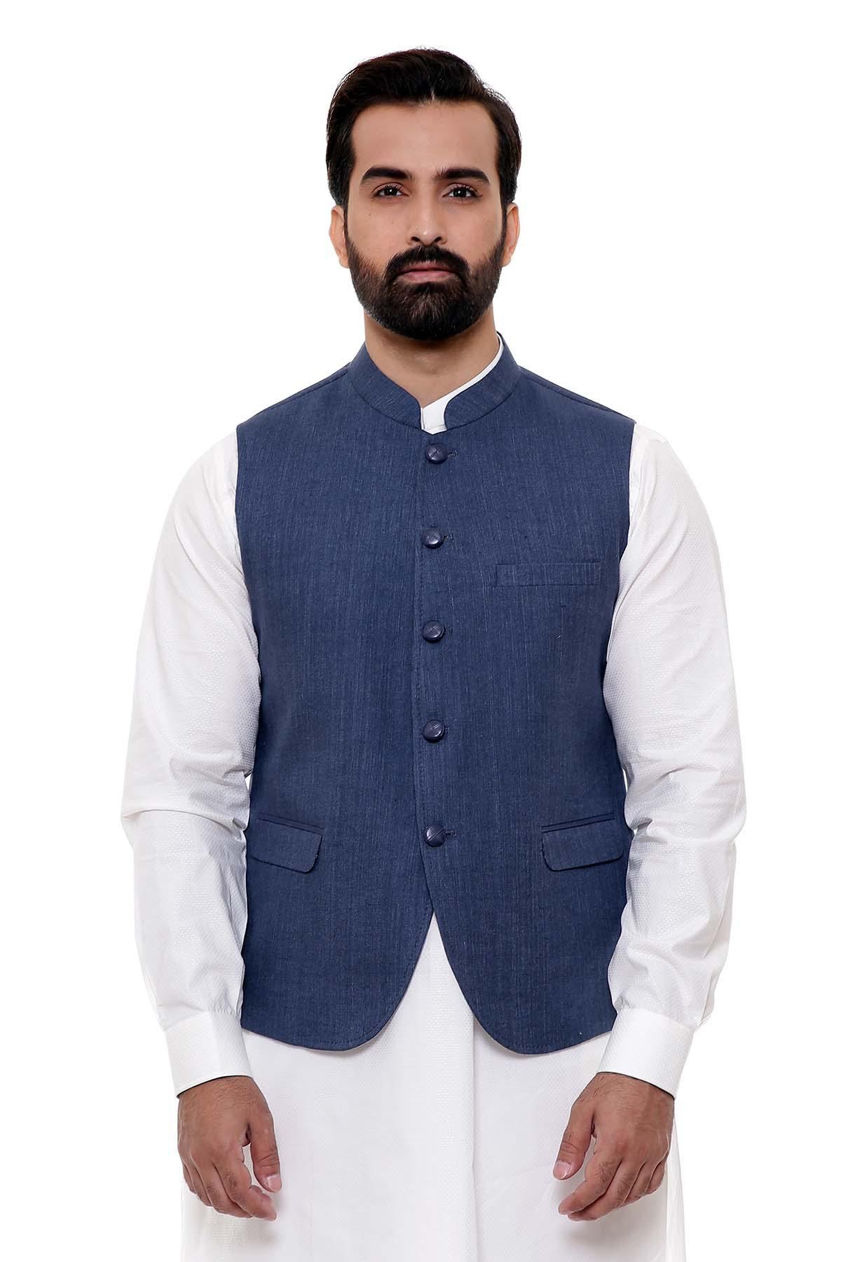 Dark blue waistcoat with button front and welt chest pocket